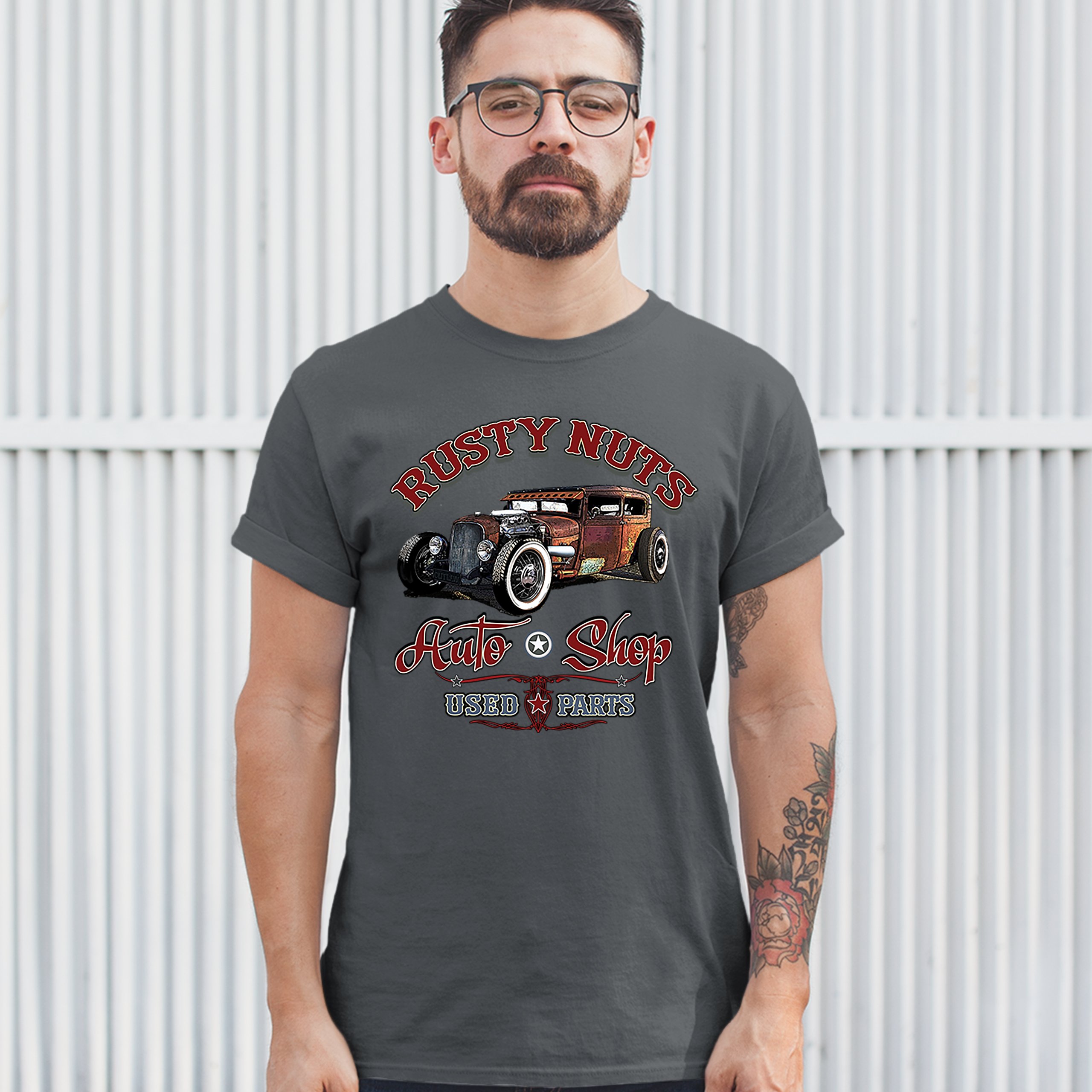 Rusty Nuts Auto Shop T-shirt Hot Rod Rat Rod Vintage Old School Men's Tee