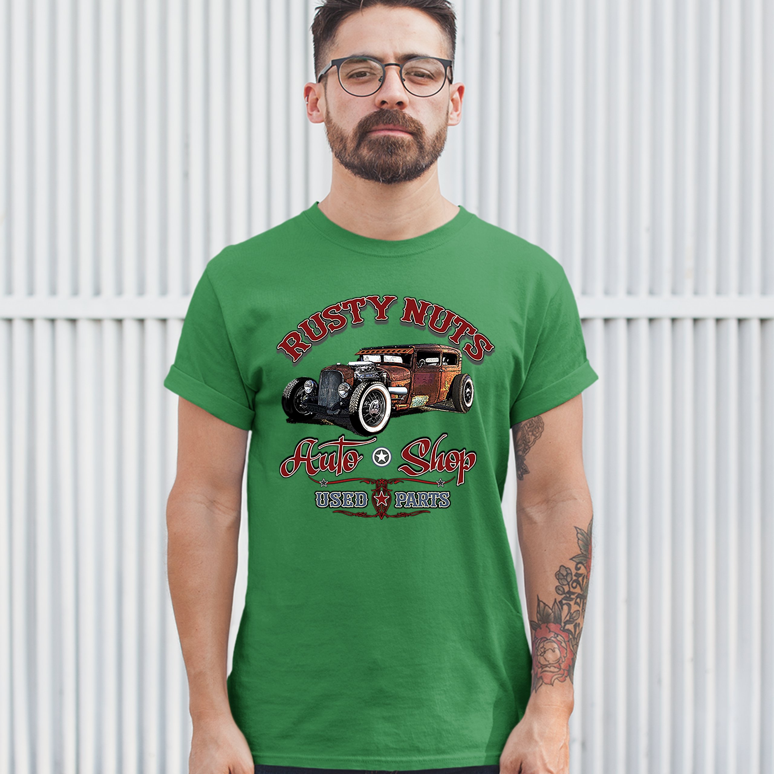 Rusty Nuts Auto Shop T-shirt Hot Rod Rat Rod Vintage Old School Men's Tee