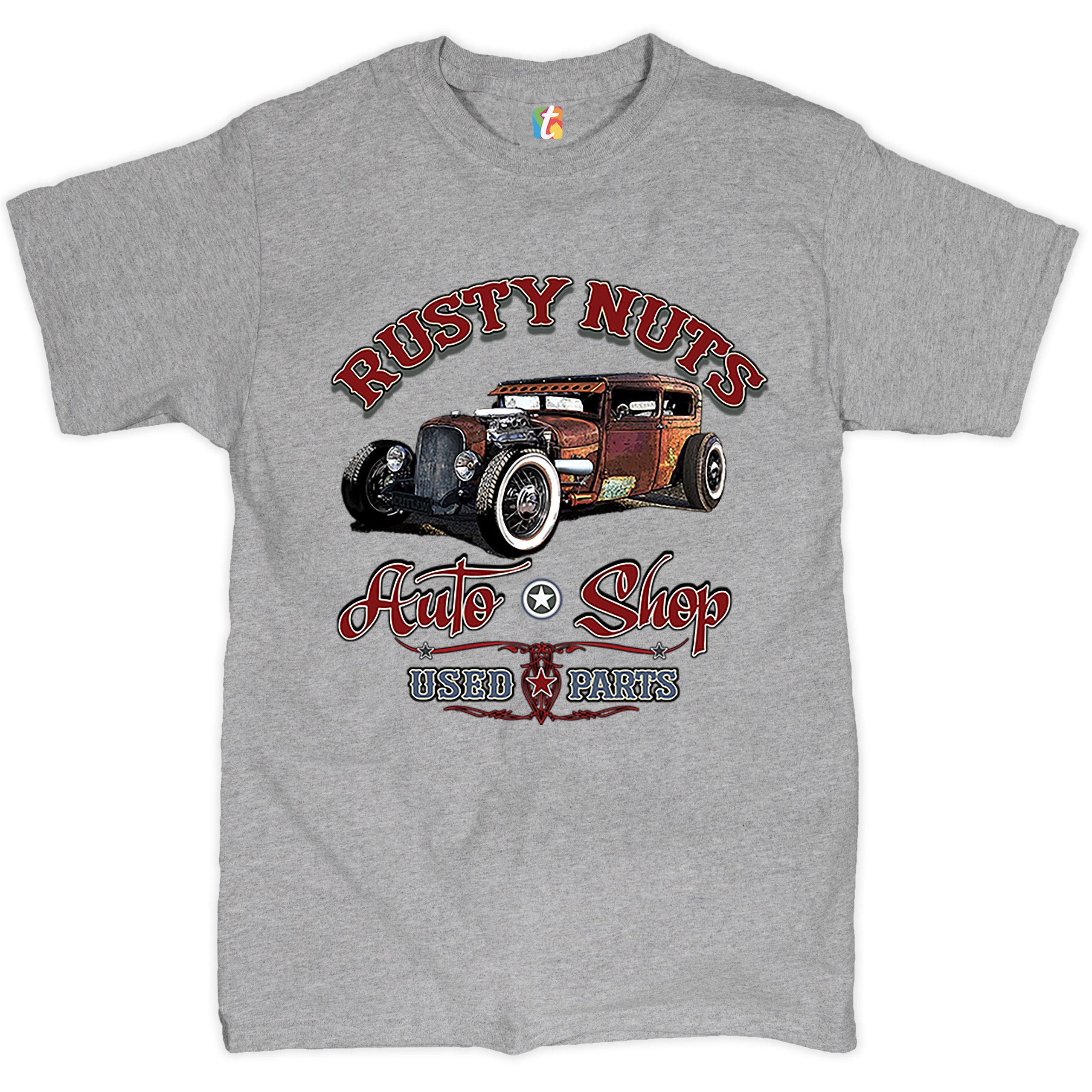 Rusty Nuts Auto Shop T-shirt Hot Rod Rat Rod Vintage Old School Men's Tee