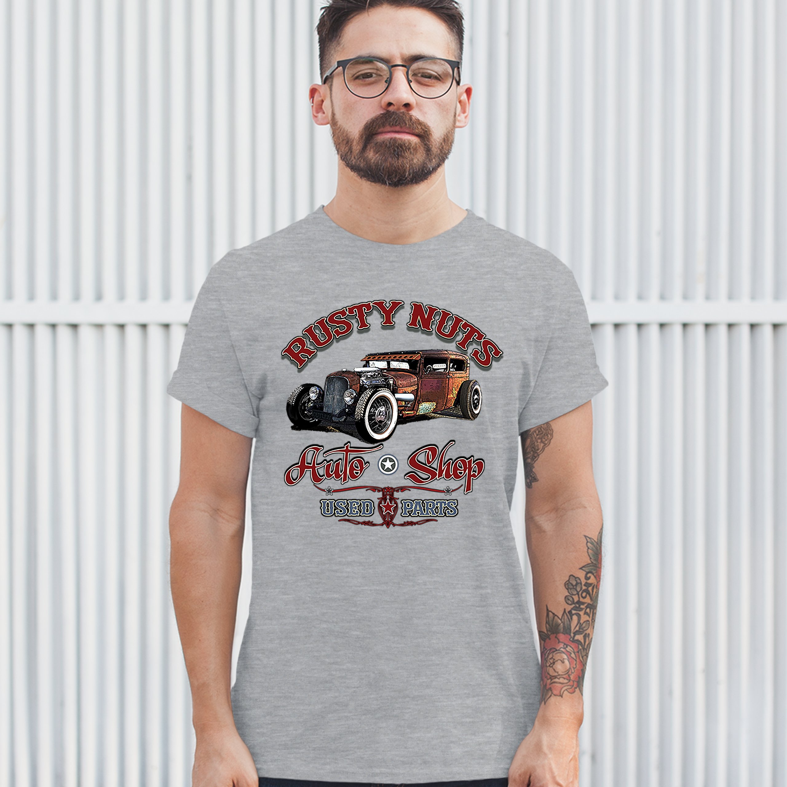 Rusty Nuts Auto Shop T-shirt Hot Rod Rat Rod Vintage Old School Men's Tee