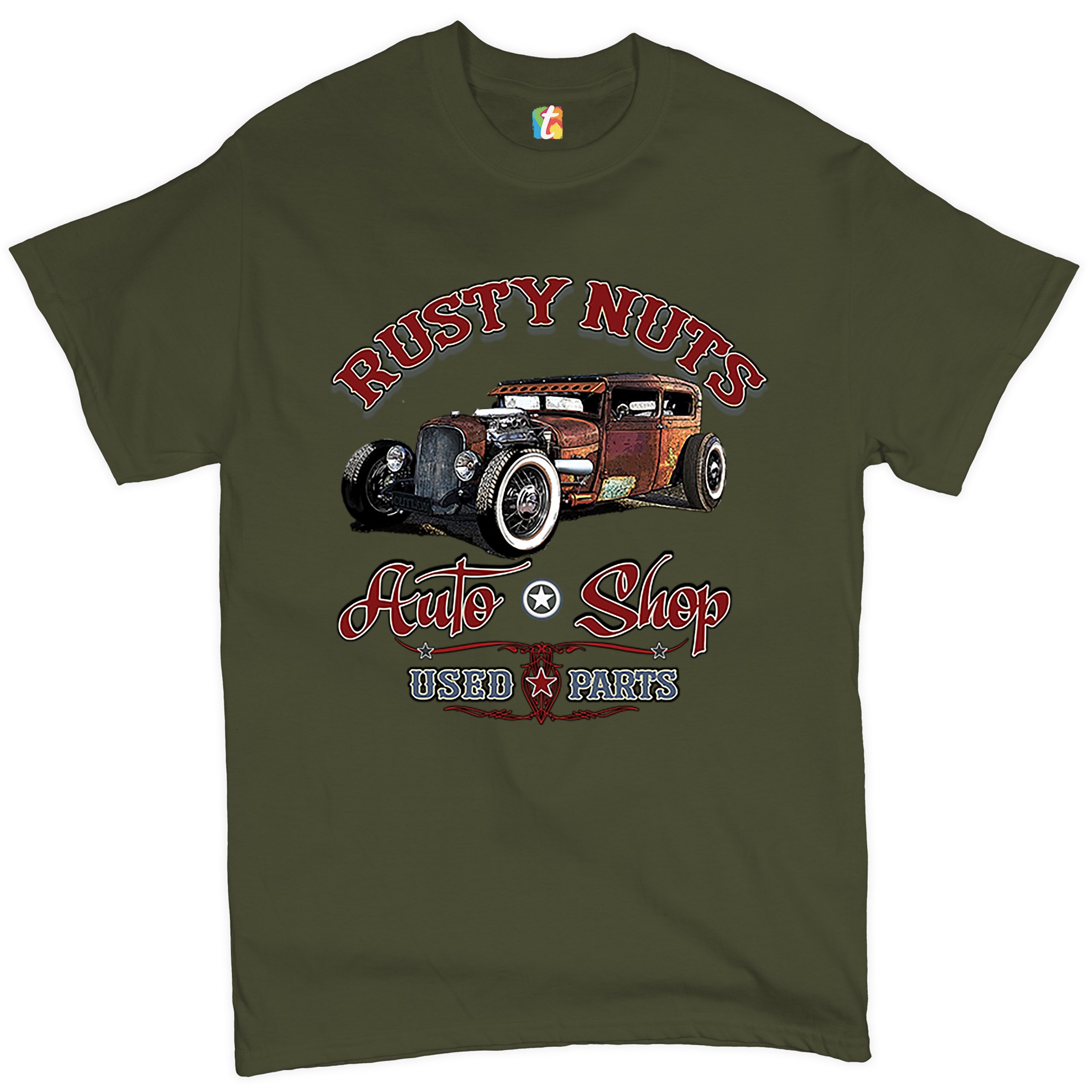 Rusty Nuts Auto Shop T-shirt Hot Rod Rat Rod Vintage Old School Men's Tee