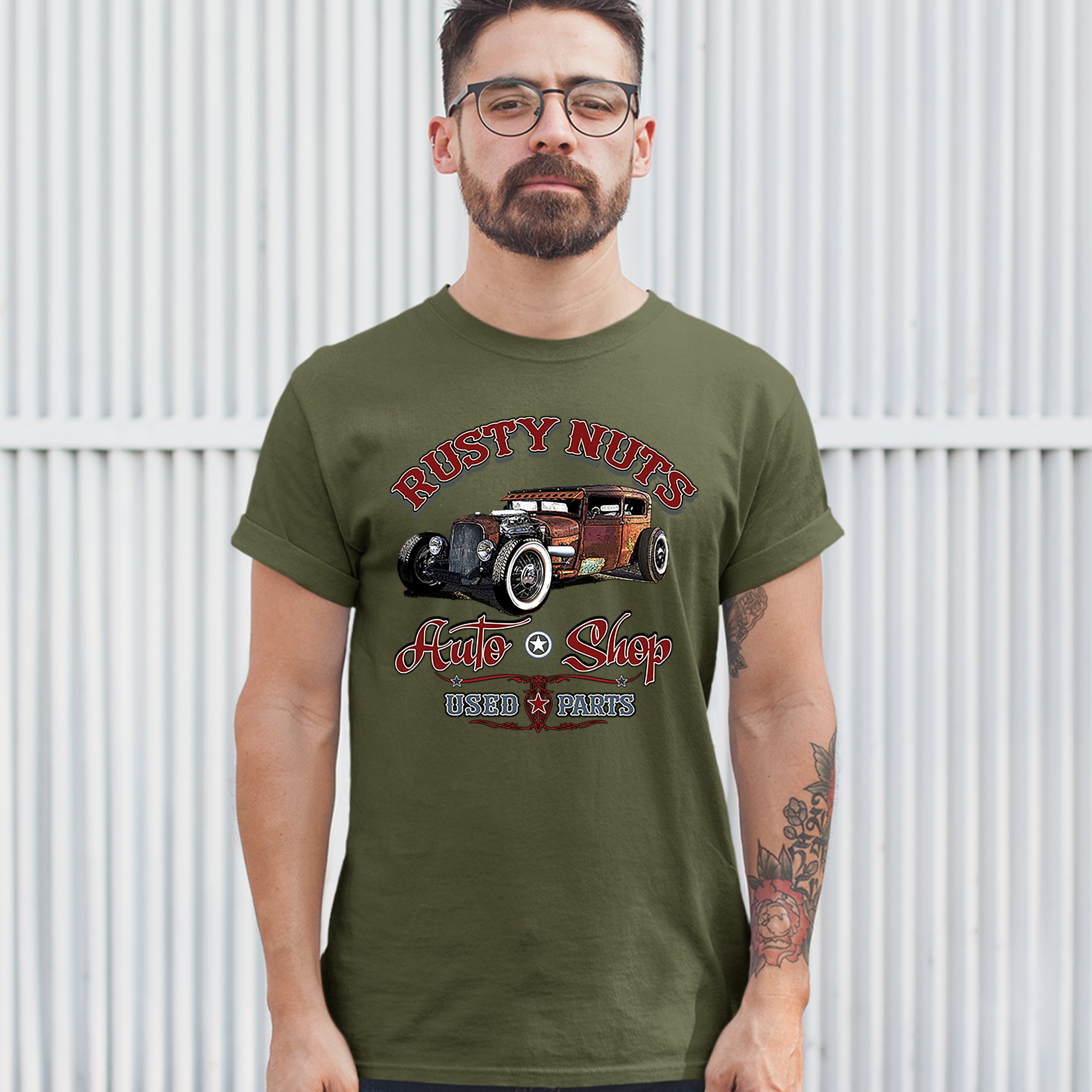 Rusty Nuts Auto Shop T-shirt Hot Rod Rat Rod Vintage Old School Men's Tee