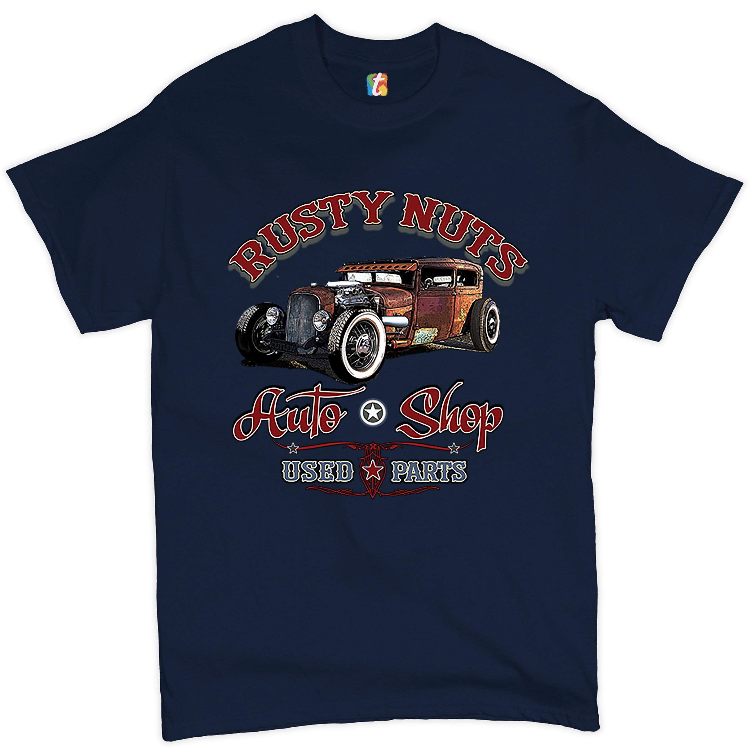 Rusty Nuts Auto Shop T-shirt Hot Rod Rat Rod Vintage Old School Men's Tee