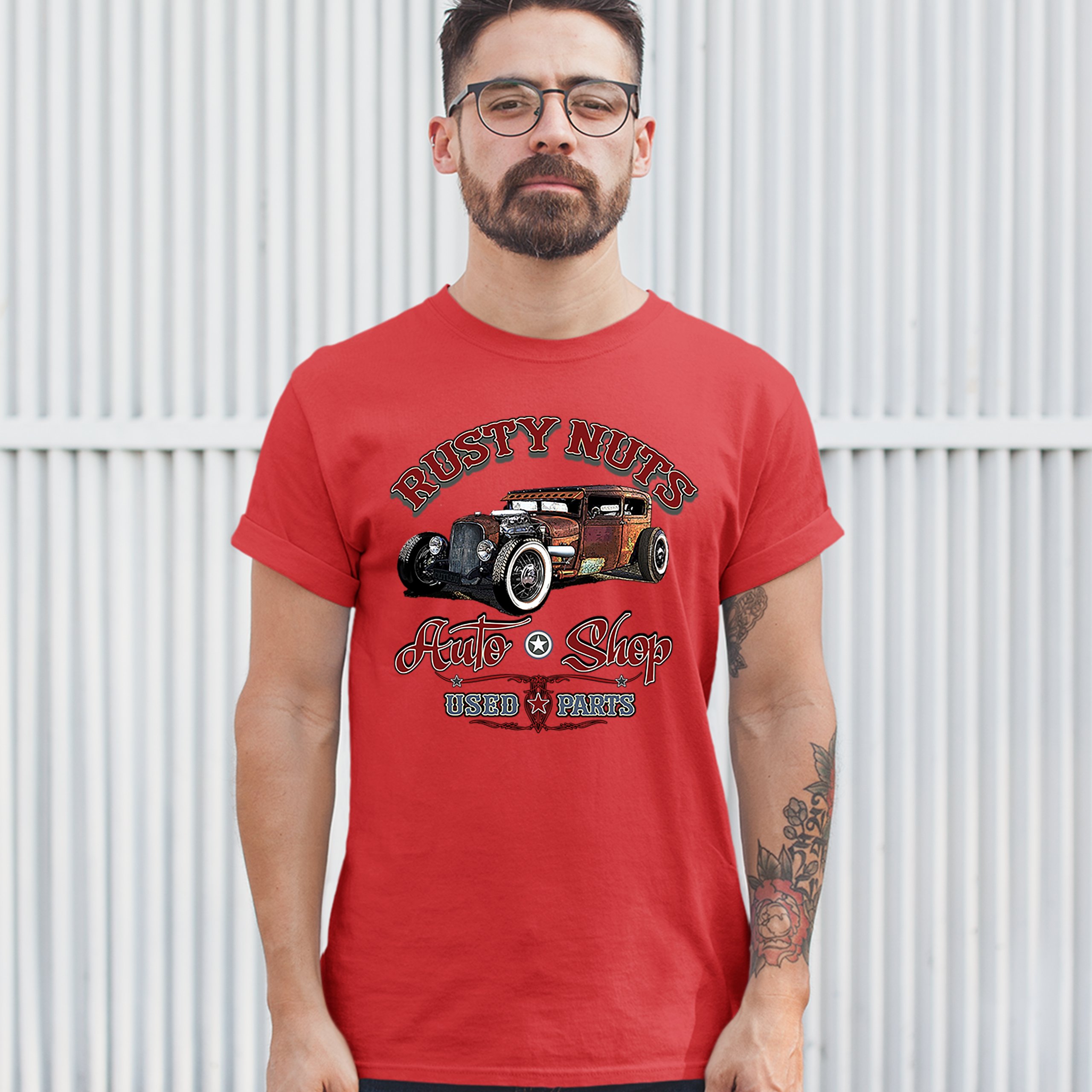 Rusty Nuts Auto Shop T-shirt Hot Rod Rat Rod Vintage Old School Men's Tee