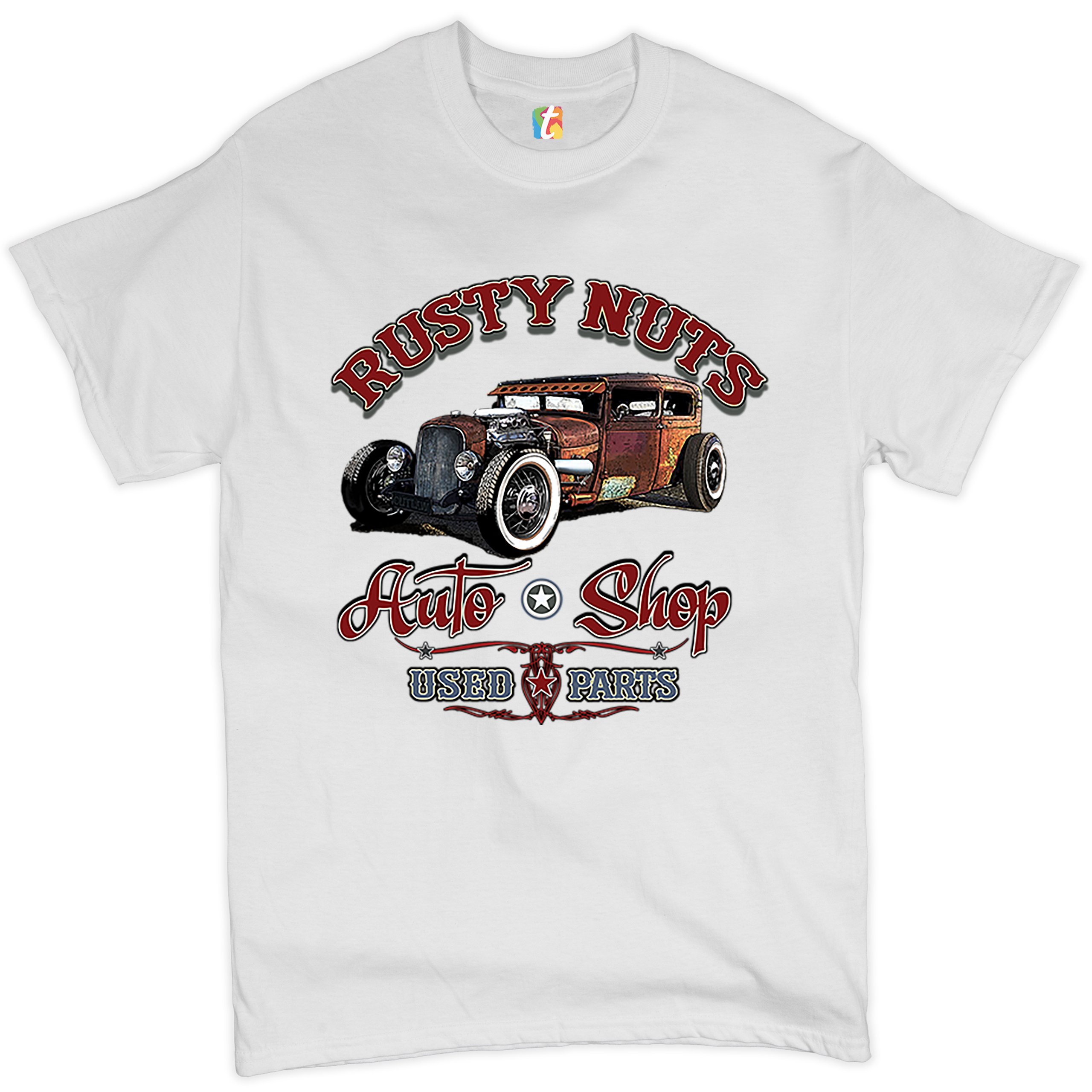 Rusty Nuts Auto Shop T-shirt Hot Rod Rat Rod Vintage Old School Men's Tee