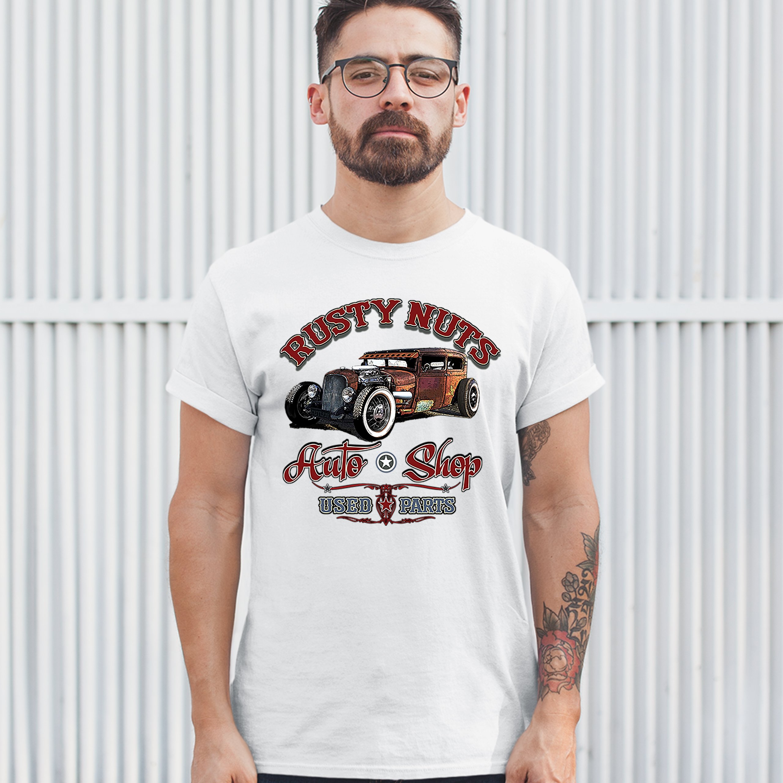 Rusty Nuts Auto Shop T-shirt Hot Rod Rat Rod Vintage Old School Men's Tee