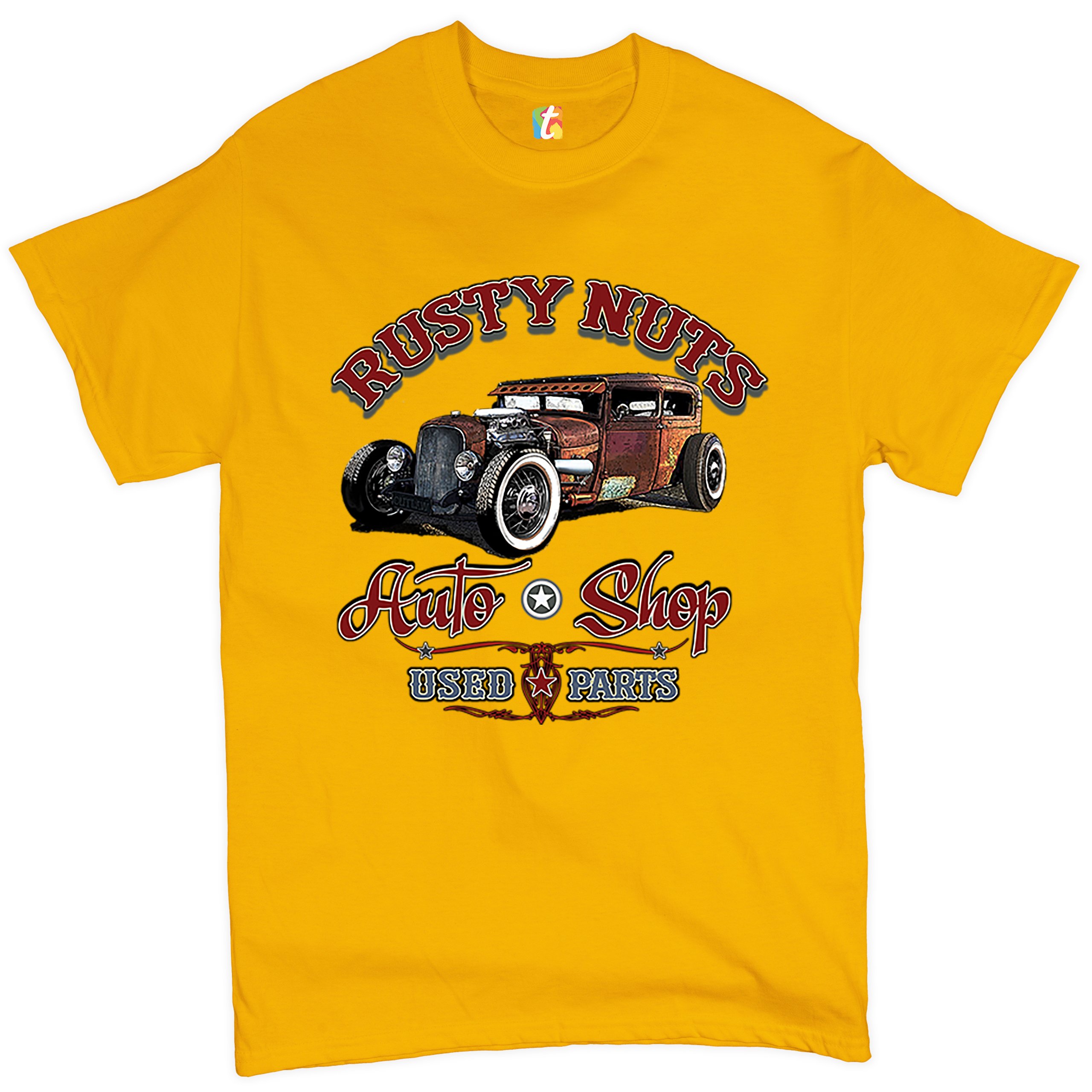 Rusty Nuts Auto Shop T-shirt Hot Rod Rat Rod Vintage Old School Men's Tee