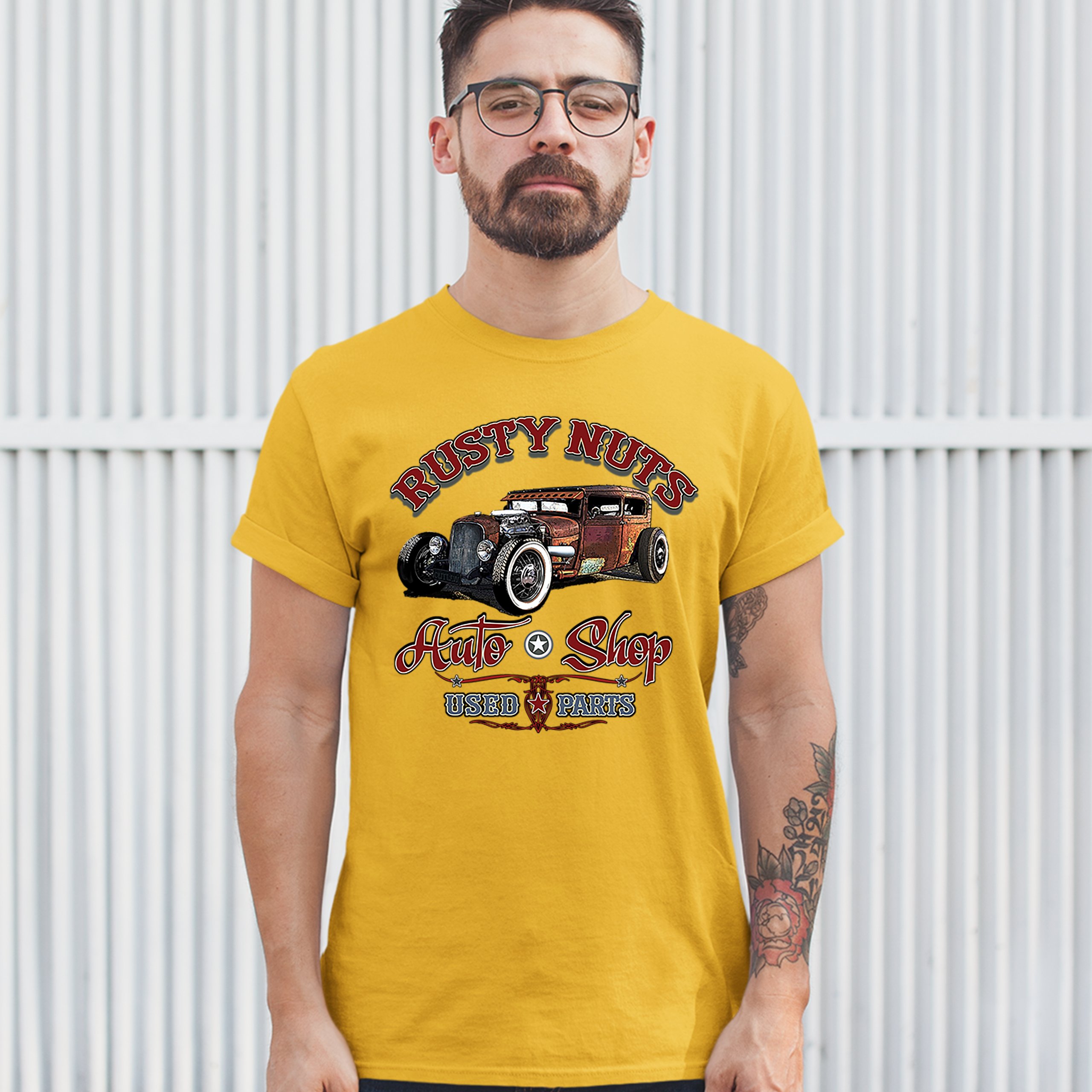 Rusty Nuts Auto Shop T-shirt Hot Rod Rat Rod Vintage Old School Men's Tee