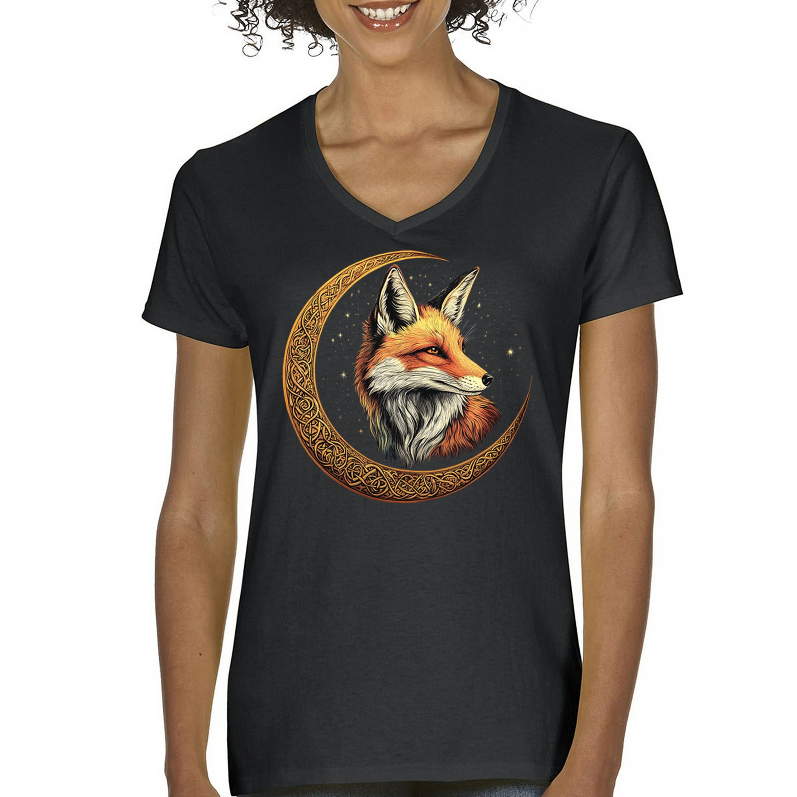Camiseta para mujer Celtic Moon Fox cuello en V North Mystic Forest Animal camiseta nórdica - Imagen 2 de 71