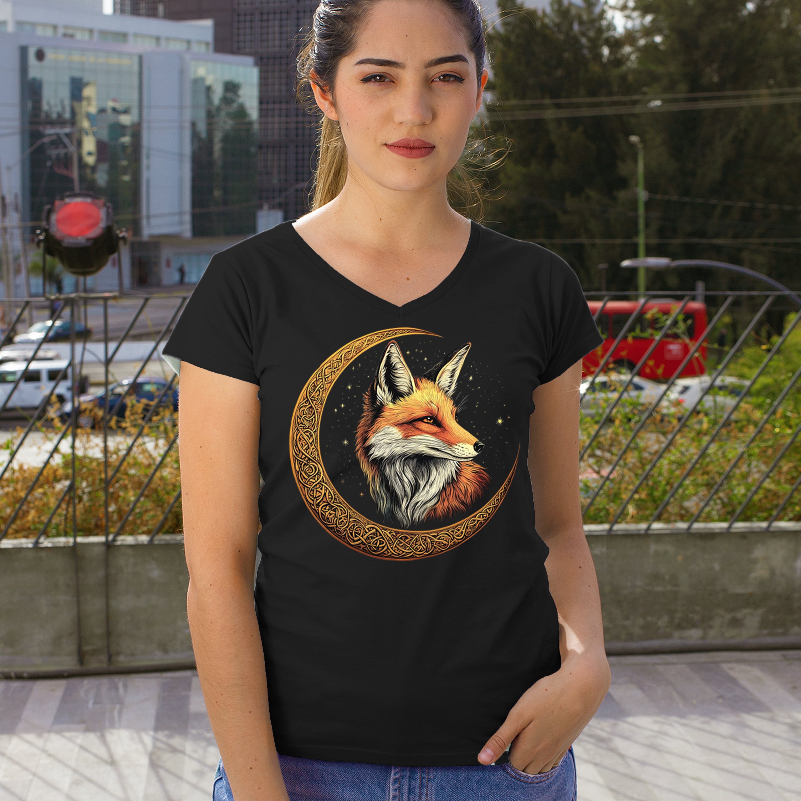 Camiseta para mujer Celtic Moon Fox cuello en V North Mystic Forest Animal camiseta nórdica - Imagen 5 de 71