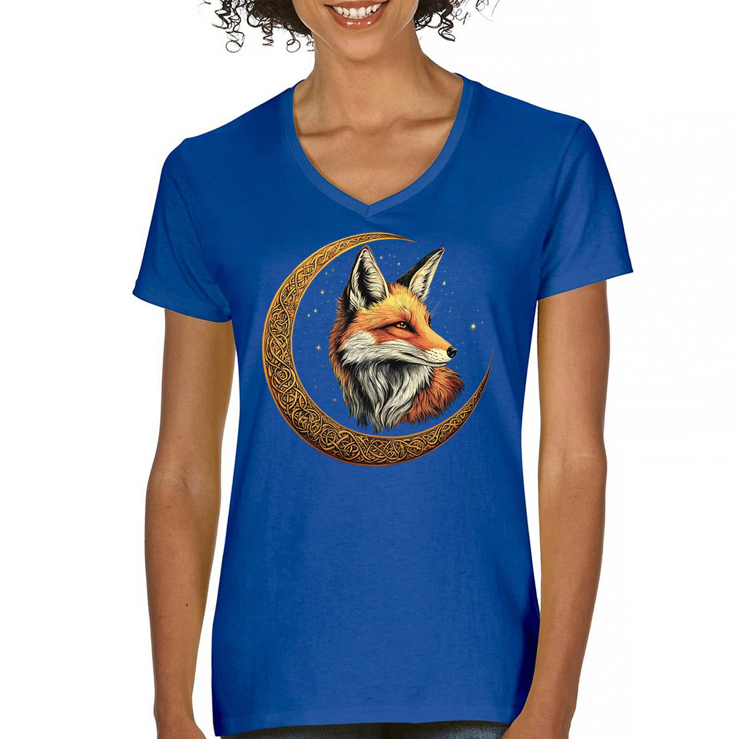 Camiseta para mujer Celtic Moon Fox cuello en V North Mystic Forest Animal camiseta nórdica - Imagen 51 de 71