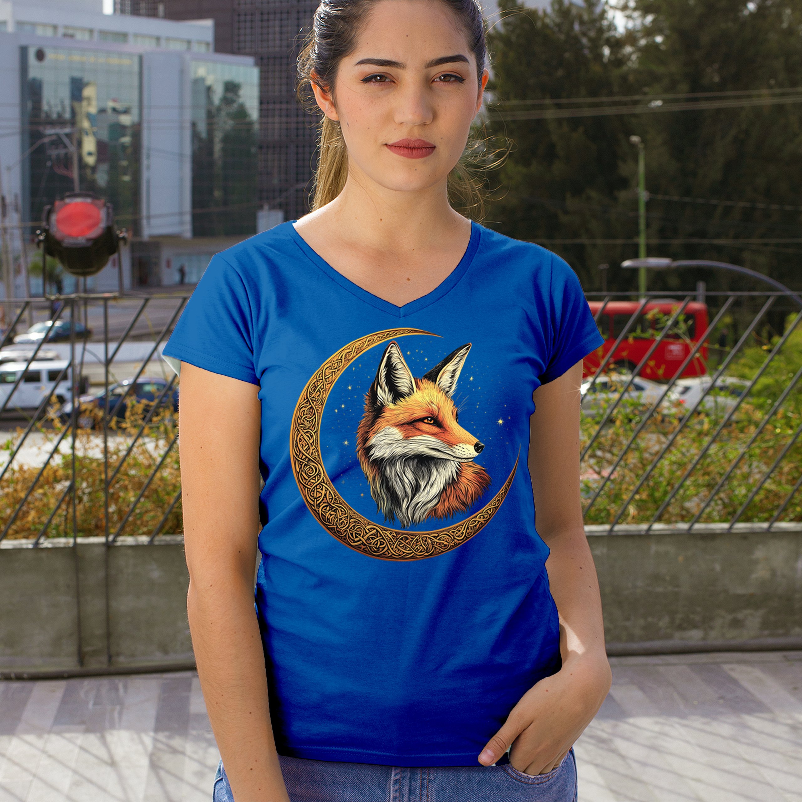 Camiseta para mujer Celtic Moon Fox cuello en V North Mystic Forest Animal camiseta nórdica - Imagen 54 de 71