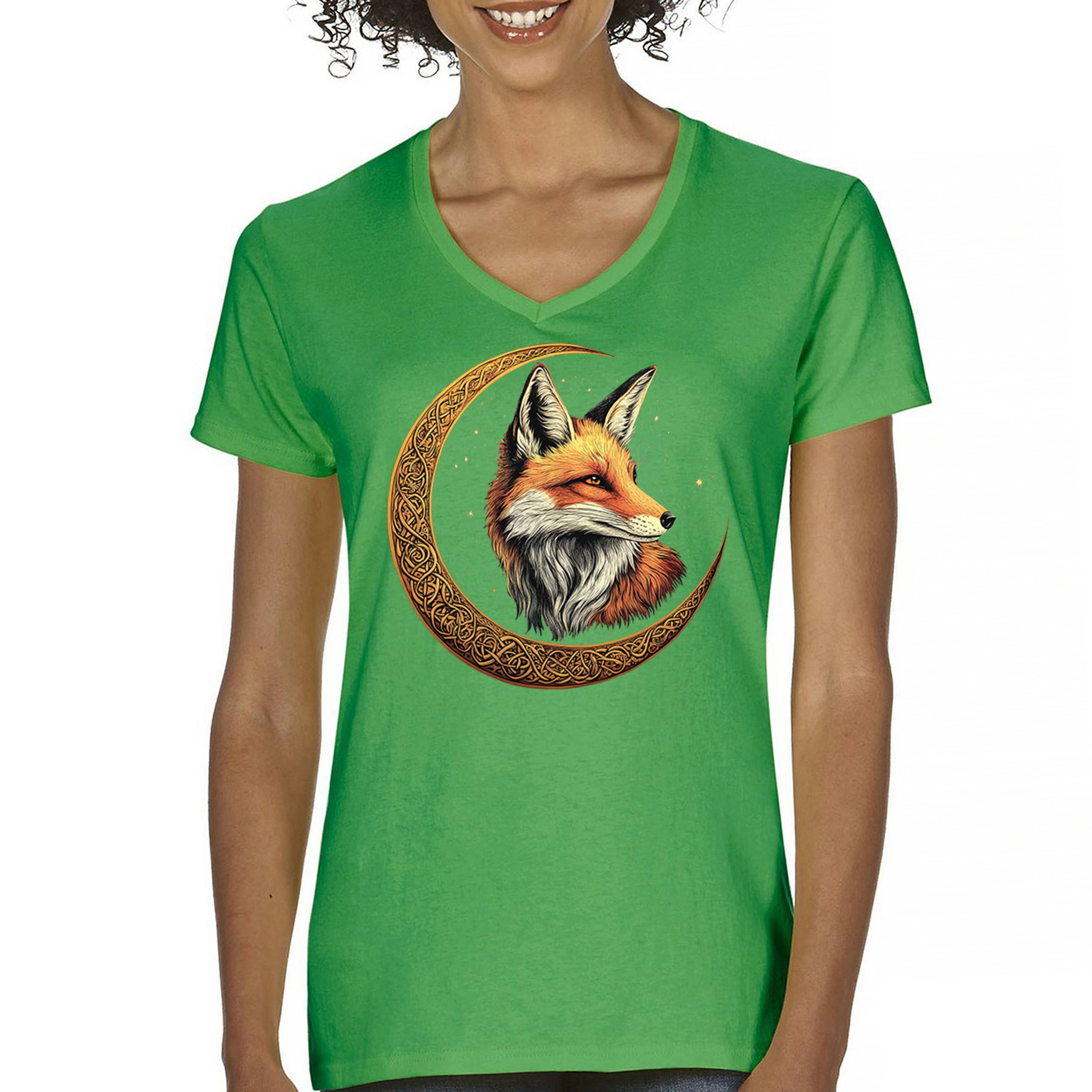 Camiseta para mujer Celtic Moon Fox cuello en V North Mystic Forest Animal camiseta nórdica - Imagen 44 de 71