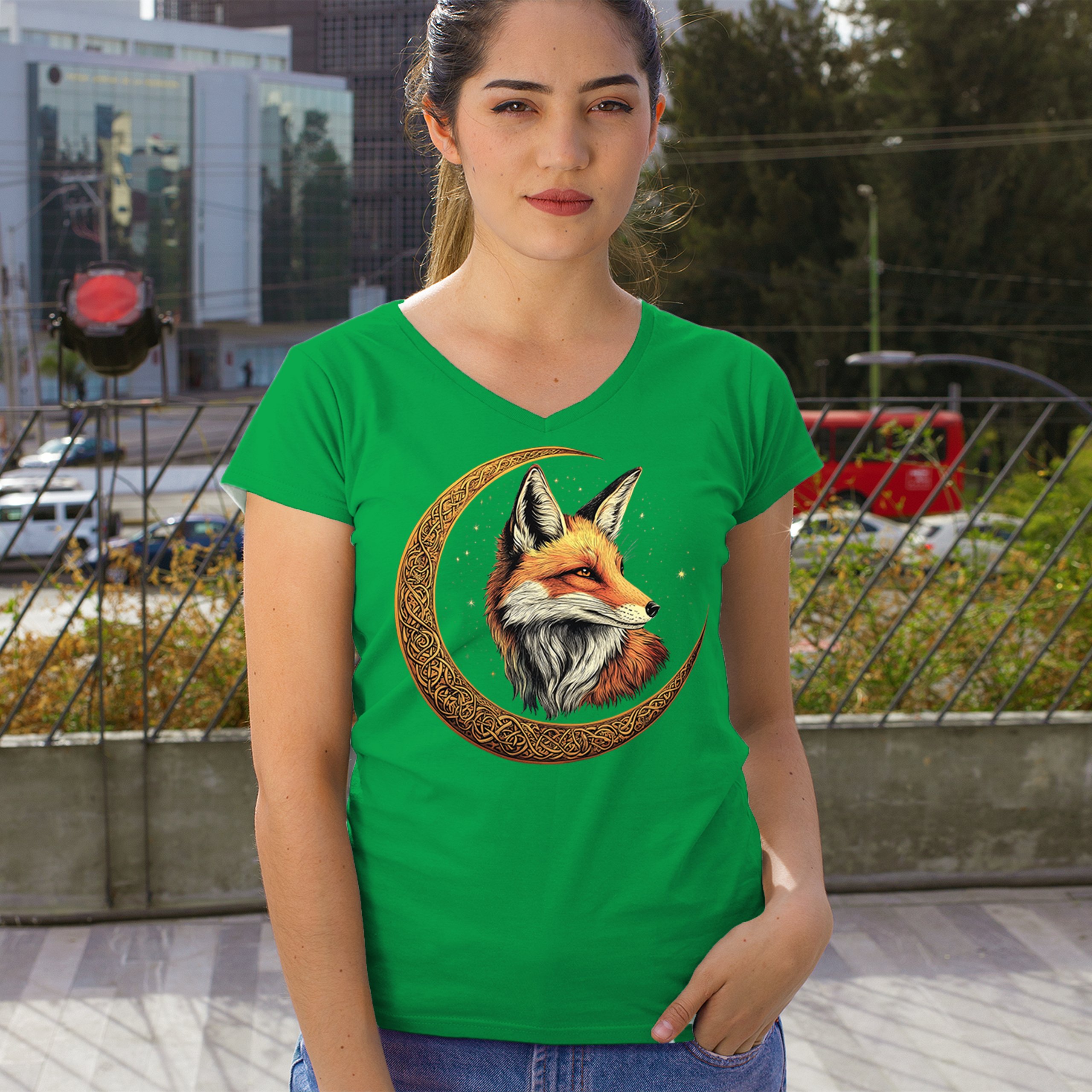 Camiseta para mujer Celtic Moon Fox cuello en V North Mystic Forest Animal camiseta nórdica - Imagen 47 de 71