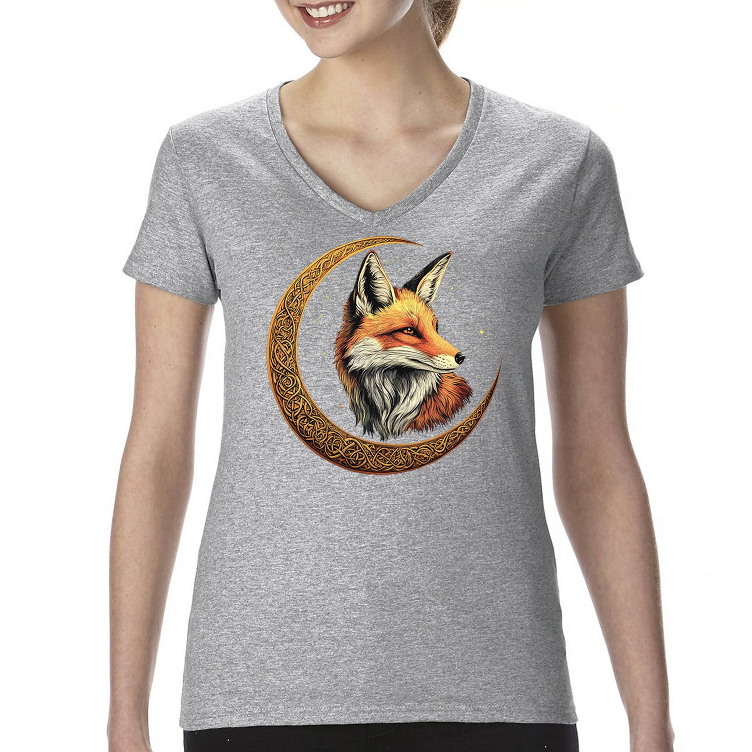 Camiseta para mujer Celtic Moon Fox cuello en V North Mystic Forest Animal camiseta nórdica - Imagen 9 de 71