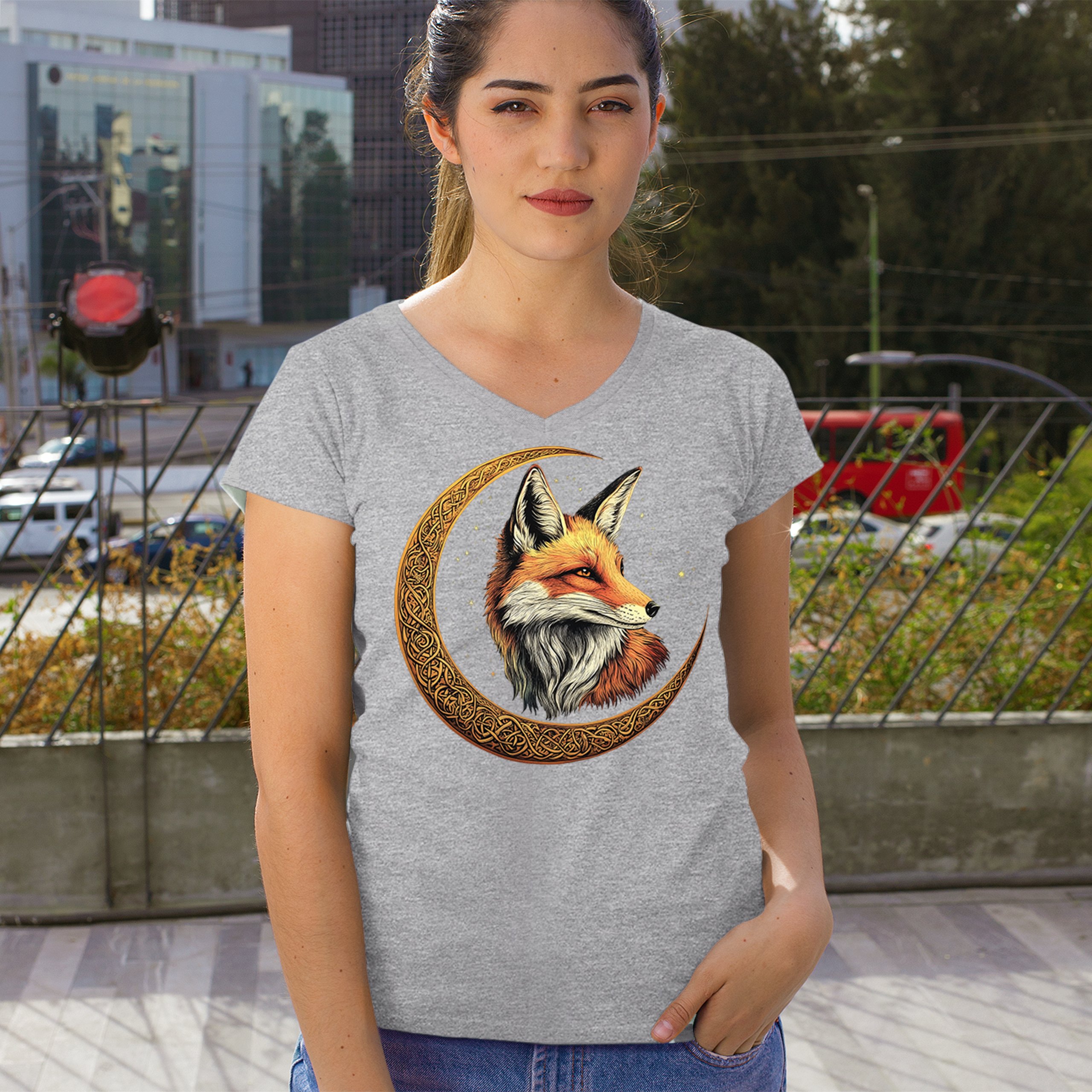 Camiseta para mujer Celtic Moon Fox cuello en V North Mystic Forest Animal camiseta nórdica - Imagen 12 de 71