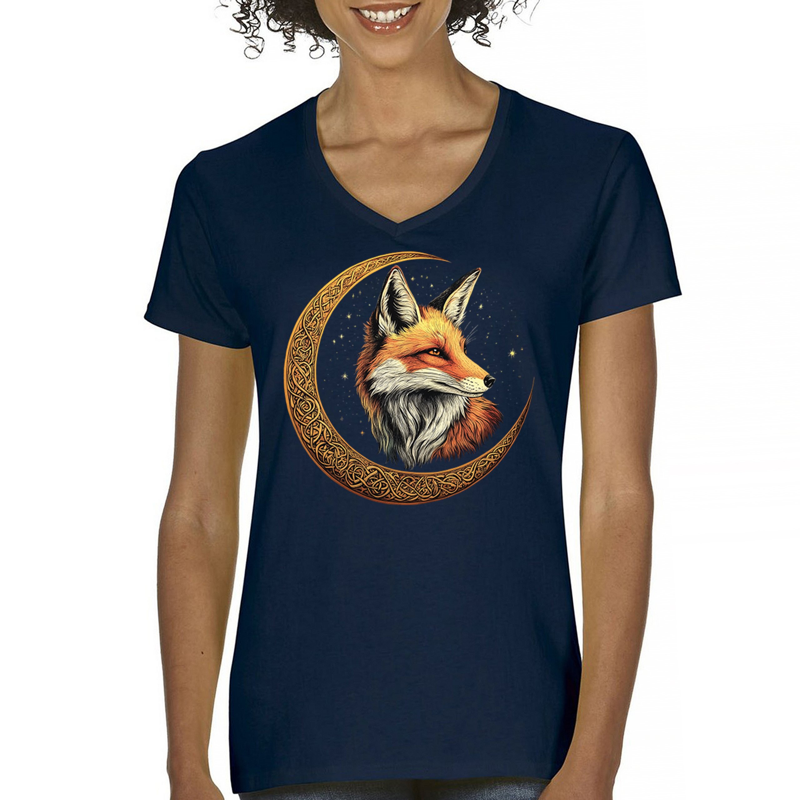 Camiseta para mujer Celtic Moon Fox cuello en V North Mystic Forest Animal camiseta nórdica - Imagen 37 de 71