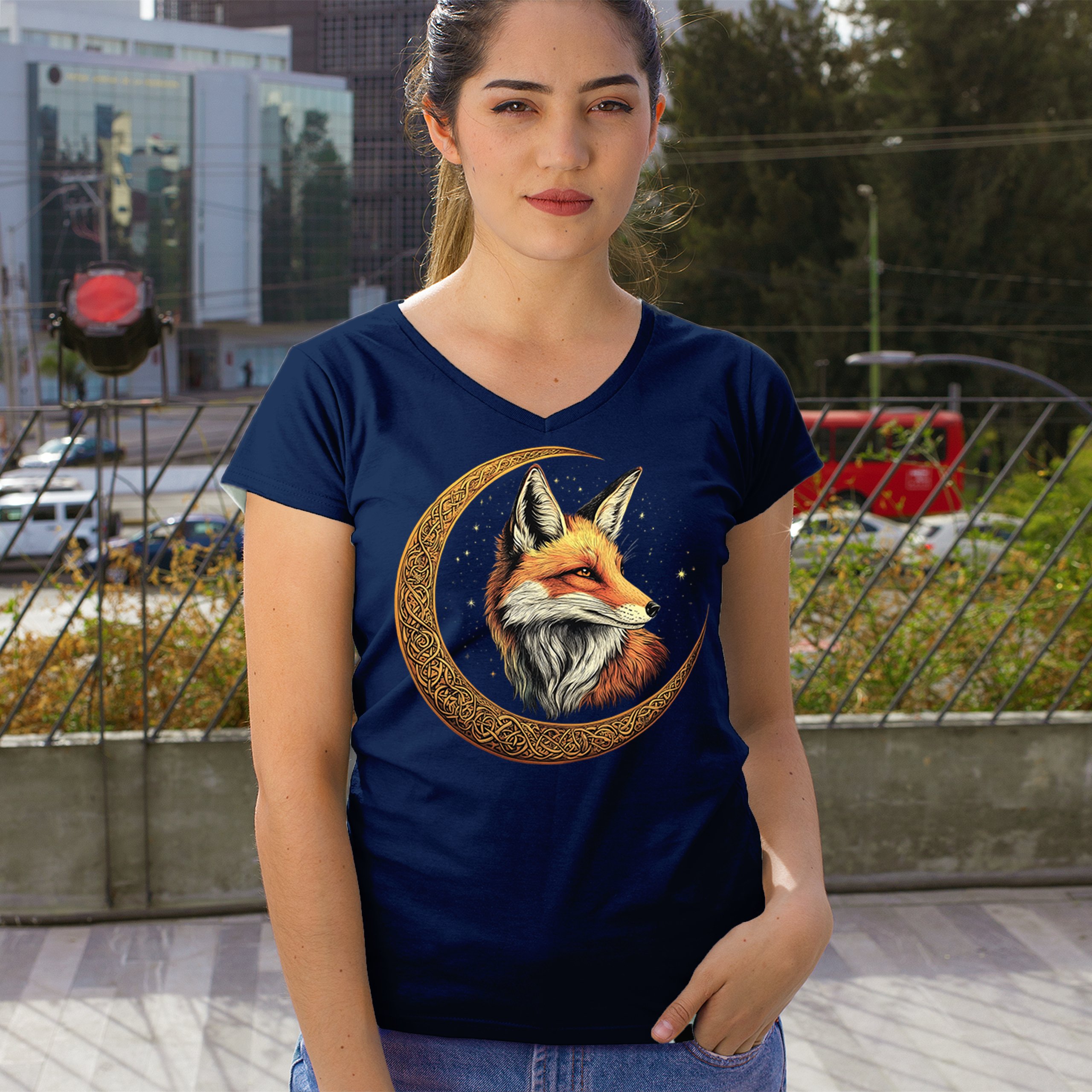 Camiseta para mujer Celtic Moon Fox cuello en V North Mystic Forest Animal camiseta nórdica - Imagen 40 de 71