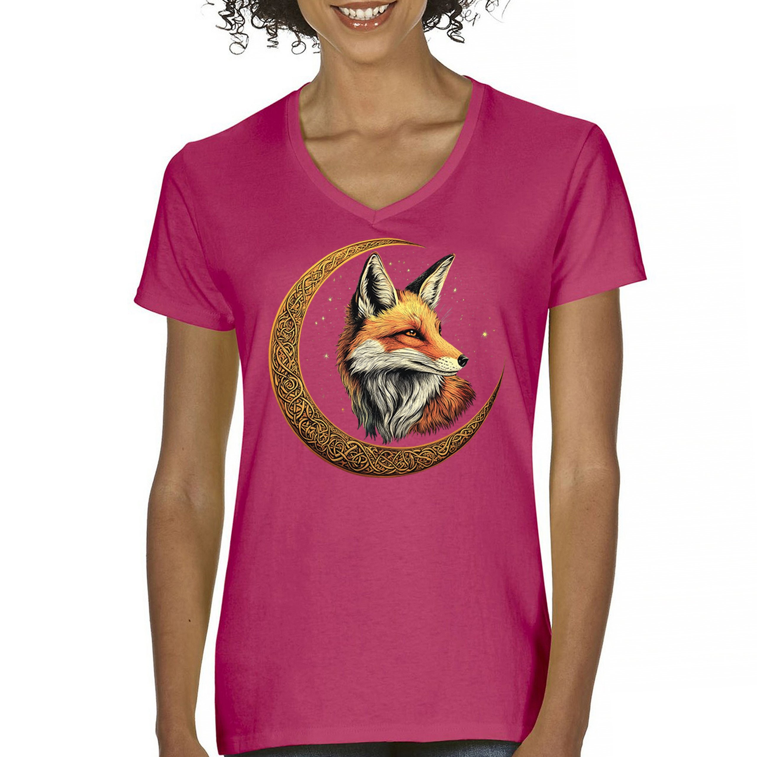 Camiseta para mujer Celtic Moon Fox cuello en V North Mystic Forest Animal camiseta nórdica - Imagen 58 de 71