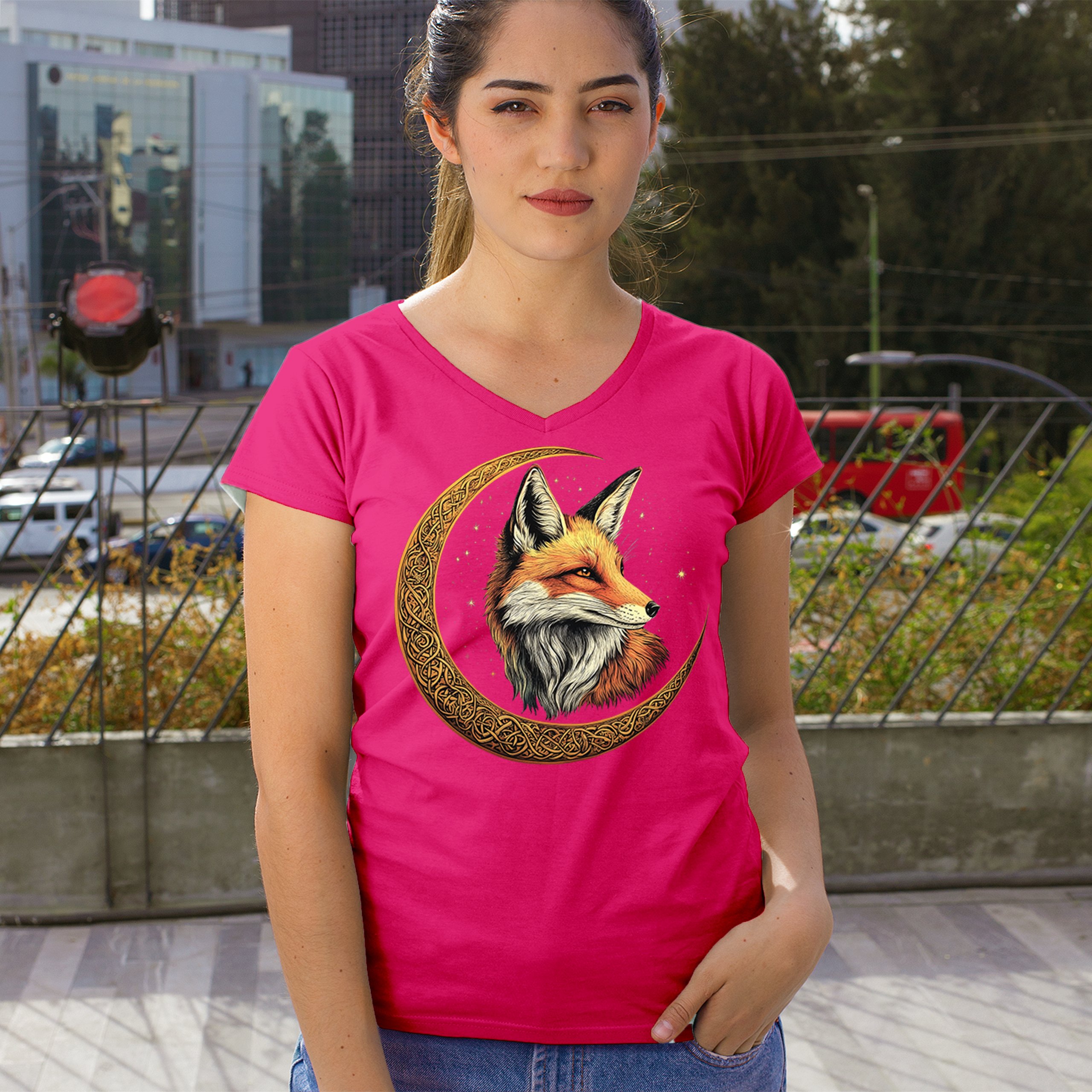 Camiseta para mujer Celtic Moon Fox cuello en V North Mystic Forest Animal camiseta nórdica - Imagen 61 de 71