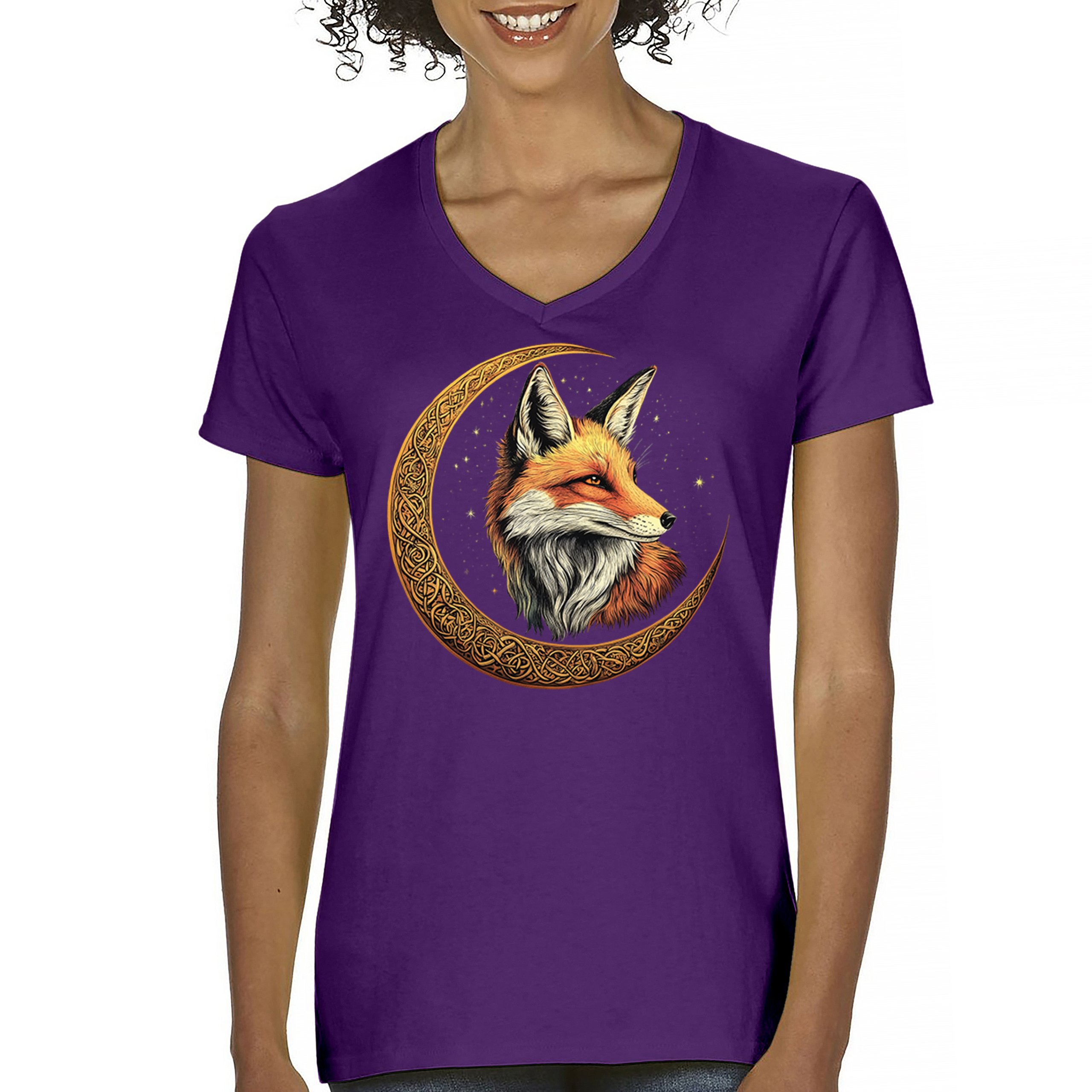 Camiseta para mujer Celtic Moon Fox cuello en V North Mystic Forest Animal camiseta nórdica - Imagen 16 de 71