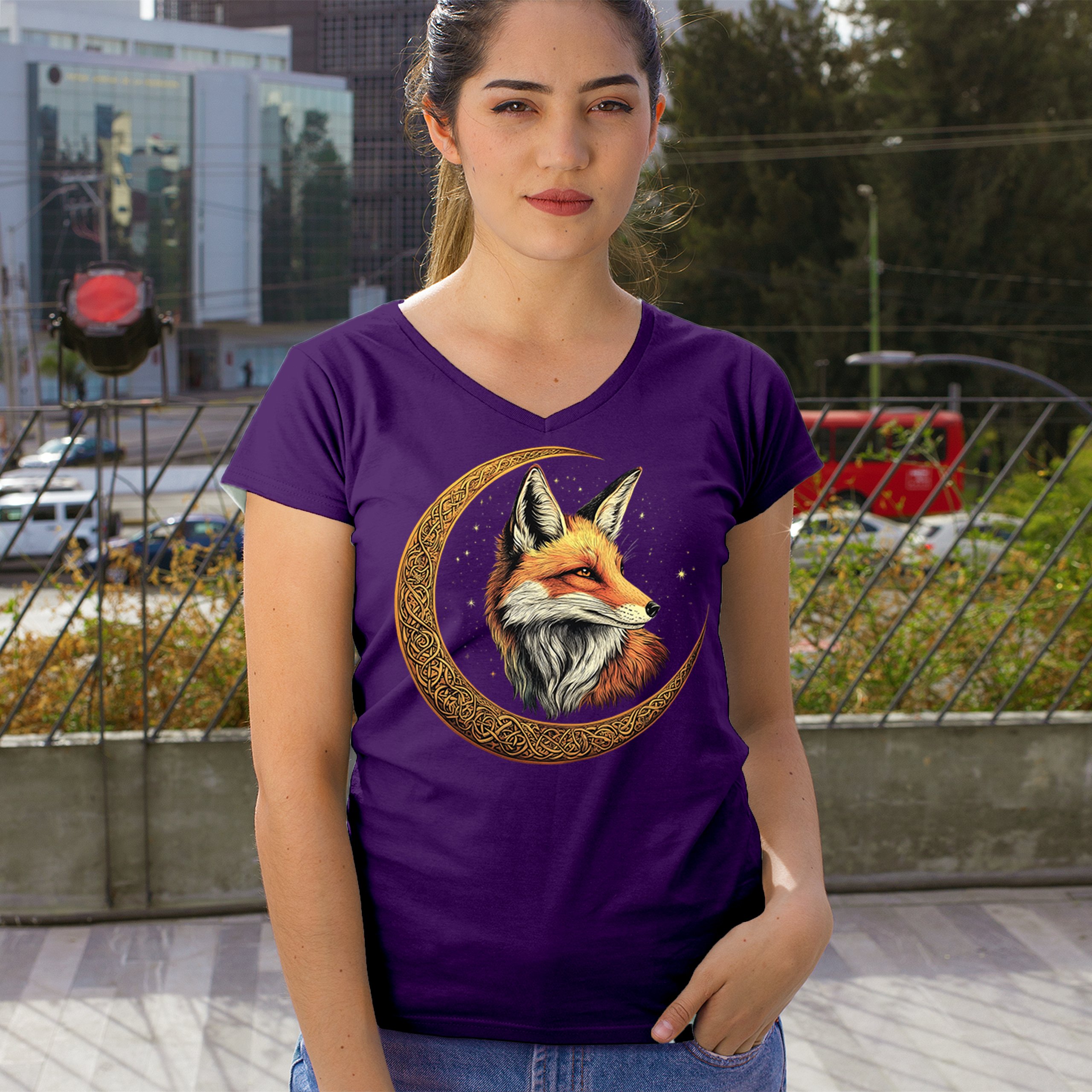 Camiseta para mujer Celtic Moon Fox cuello en V North Mystic Forest Animal camiseta nórdica - Imagen 19 de 71