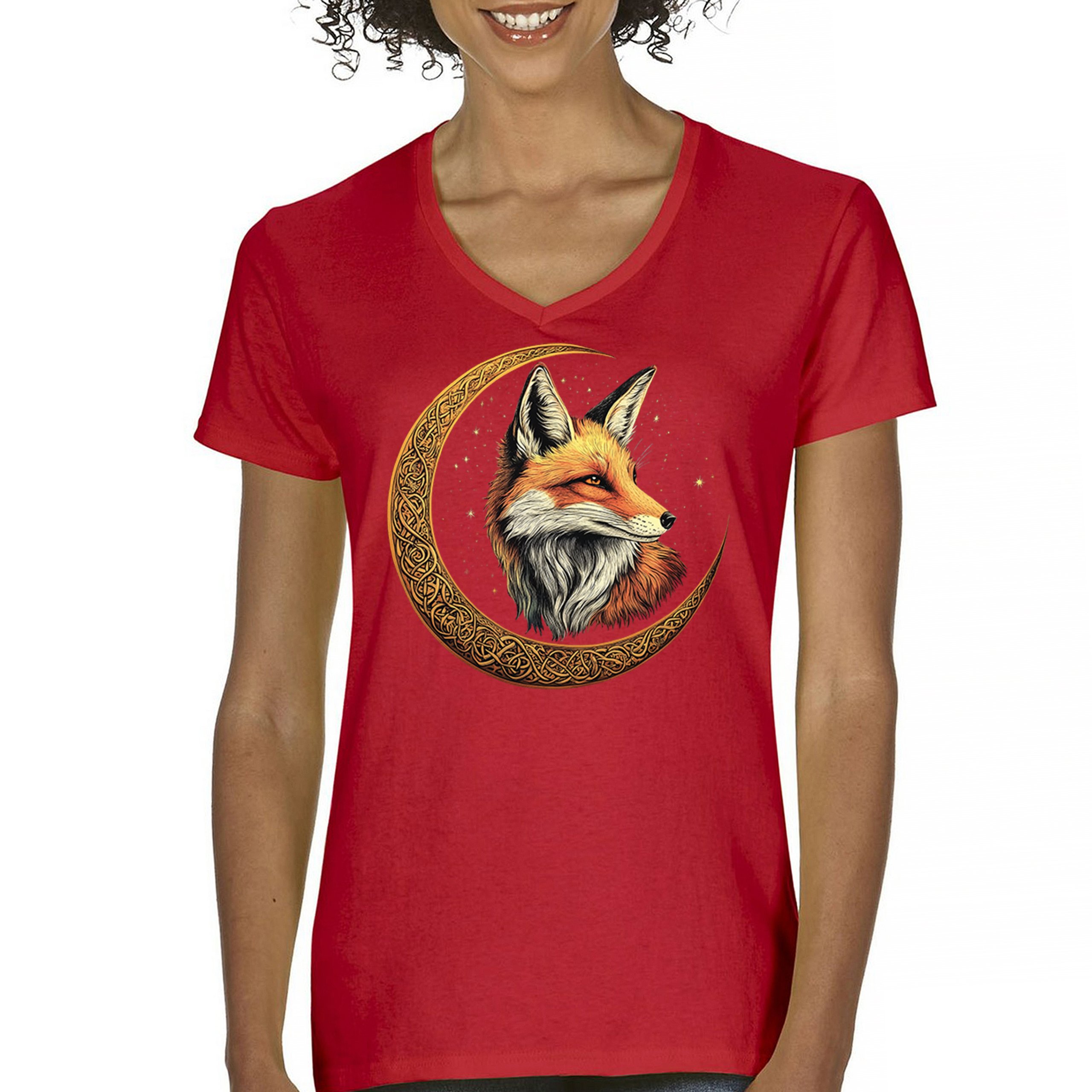 Camiseta para mujer Celtic Moon Fox cuello en V North Mystic Forest Animal camiseta nórdica - Imagen 23 de 71