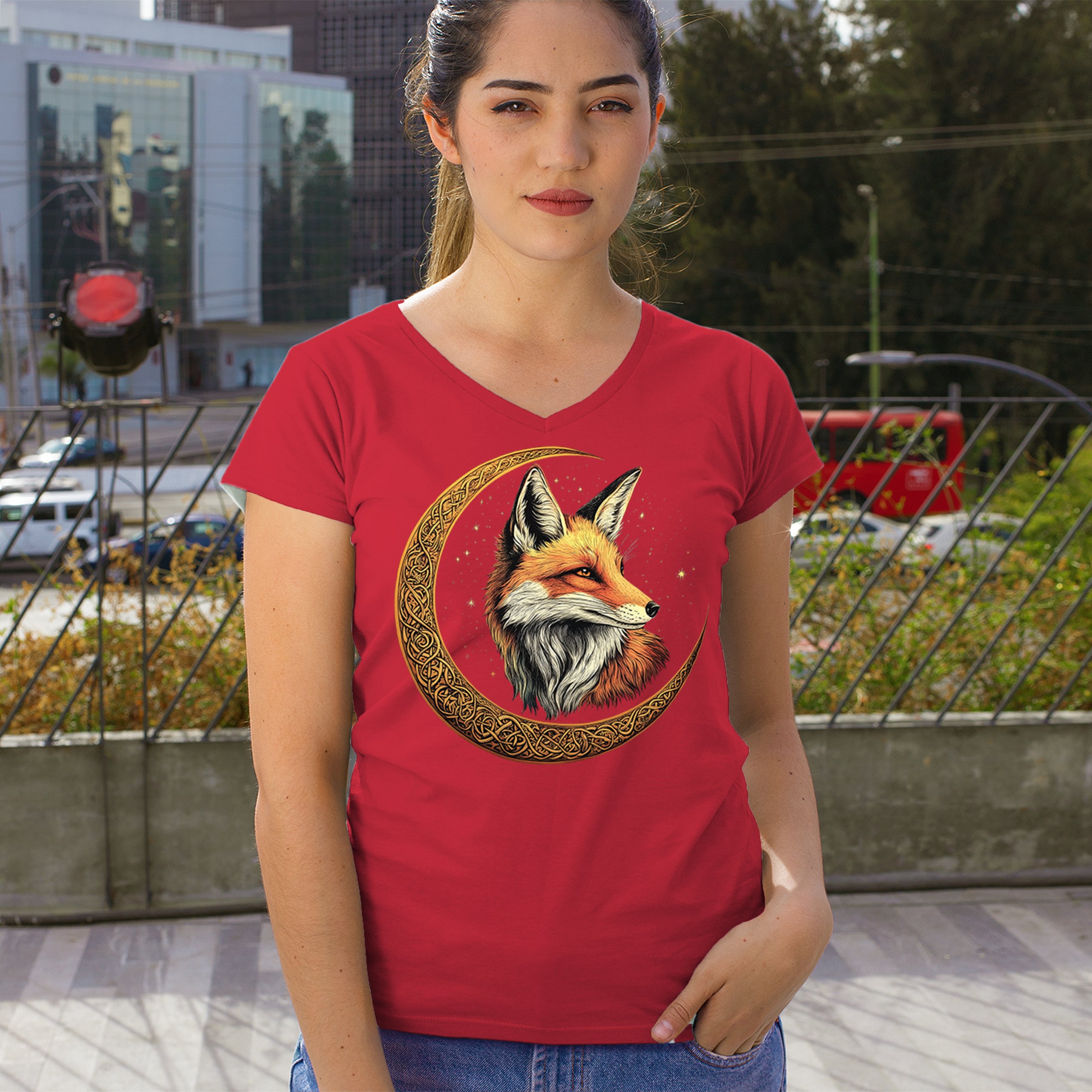 Camiseta para mujer Celtic Moon Fox cuello en V North Mystic Forest Animal camiseta nórdica - Imagen 26 de 71