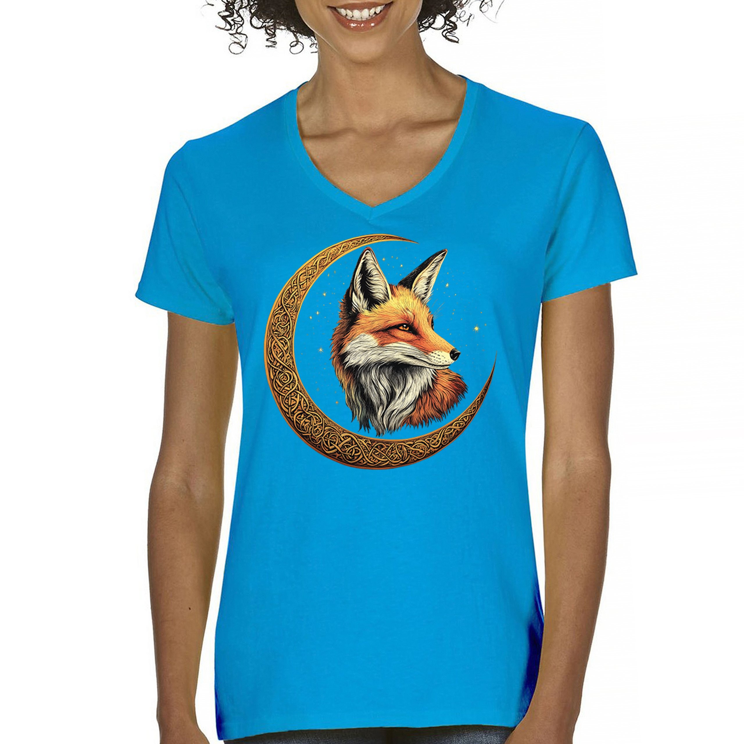 Camiseta para mujer Celtic Moon Fox cuello en V North Mystic Forest Animal camiseta nórdica - Imagen 65 de 71