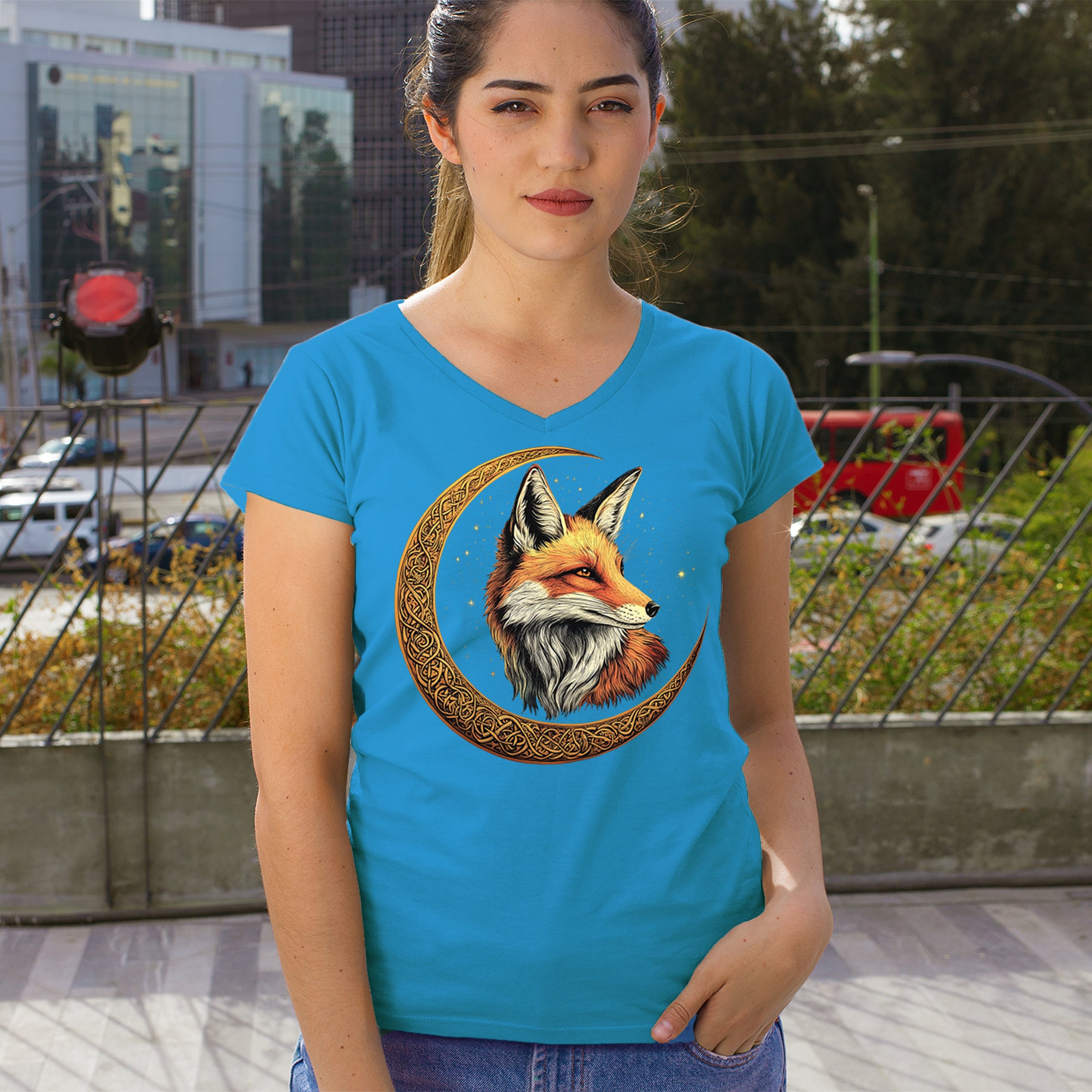 Camiseta para mujer Celtic Moon Fox cuello en V North Mystic Forest Animal camiseta nórdica - Imagen 68 de 71