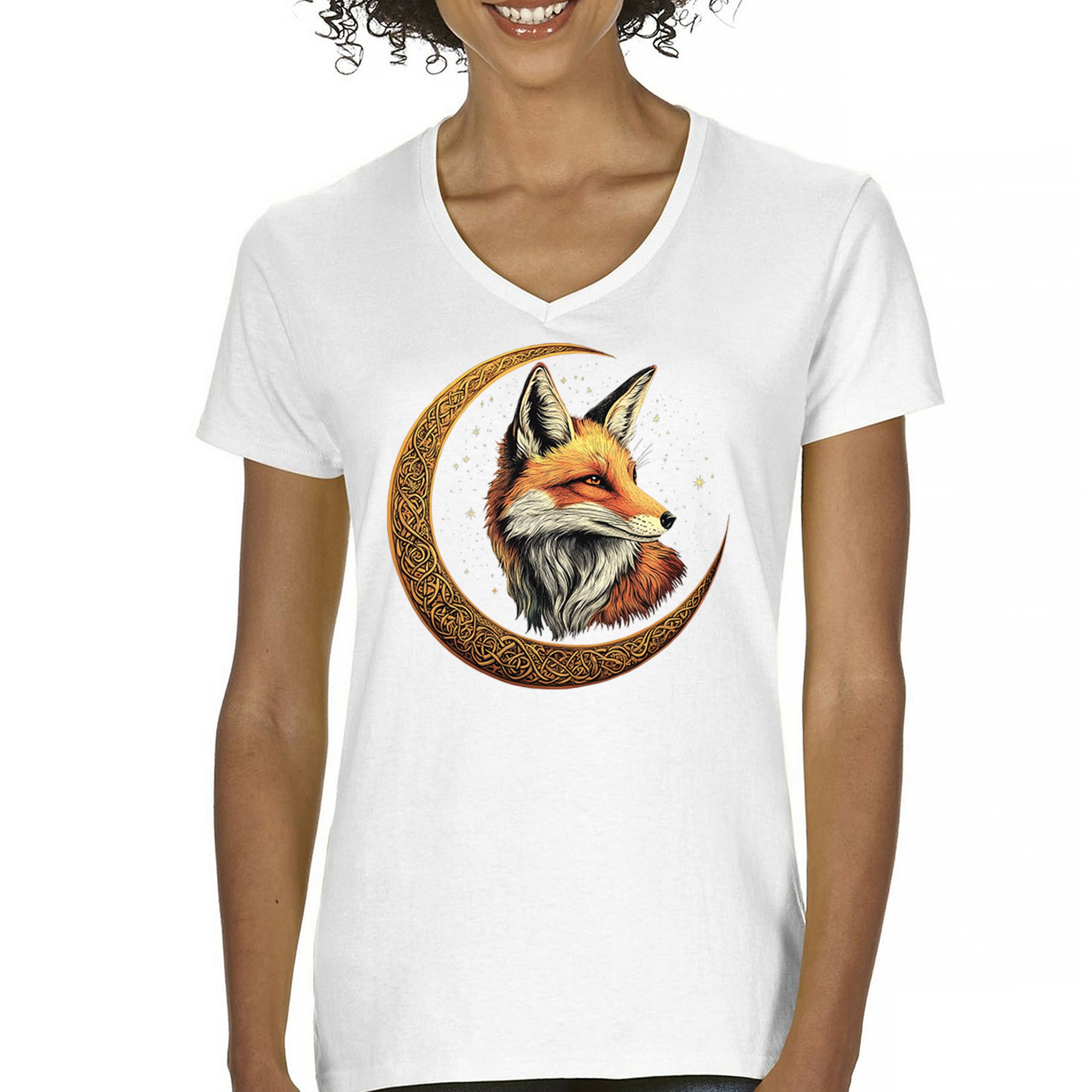 Camiseta para mujer Celtic Moon Fox cuello en V North Mystic Forest Animal camiseta nórdica - Imagen 30 de 71