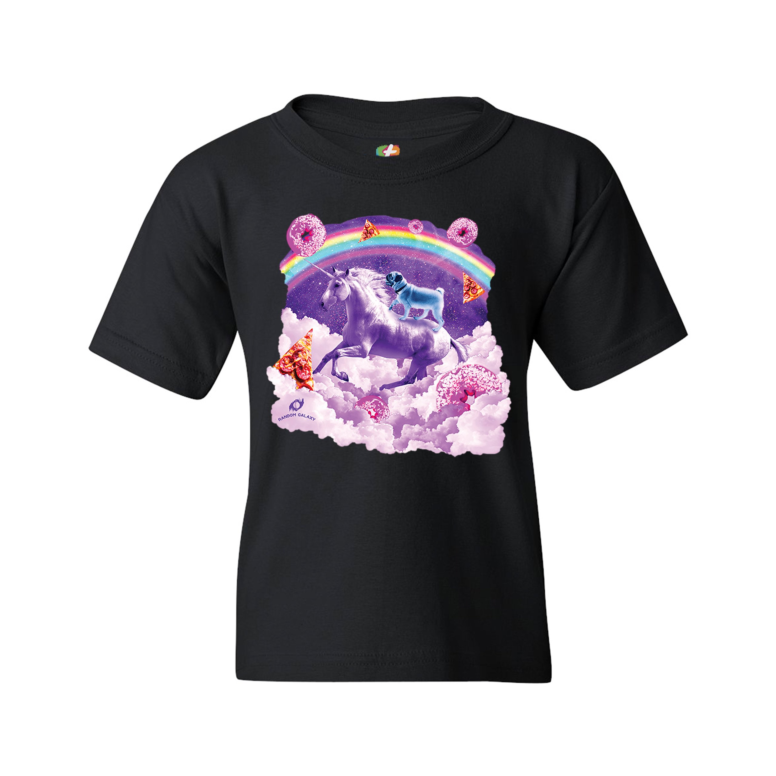 Pug Riding a Unicorn in Clouds Youth T-shirt Space Rainbow Trippy Donuts Kids - Picture 7 of 29