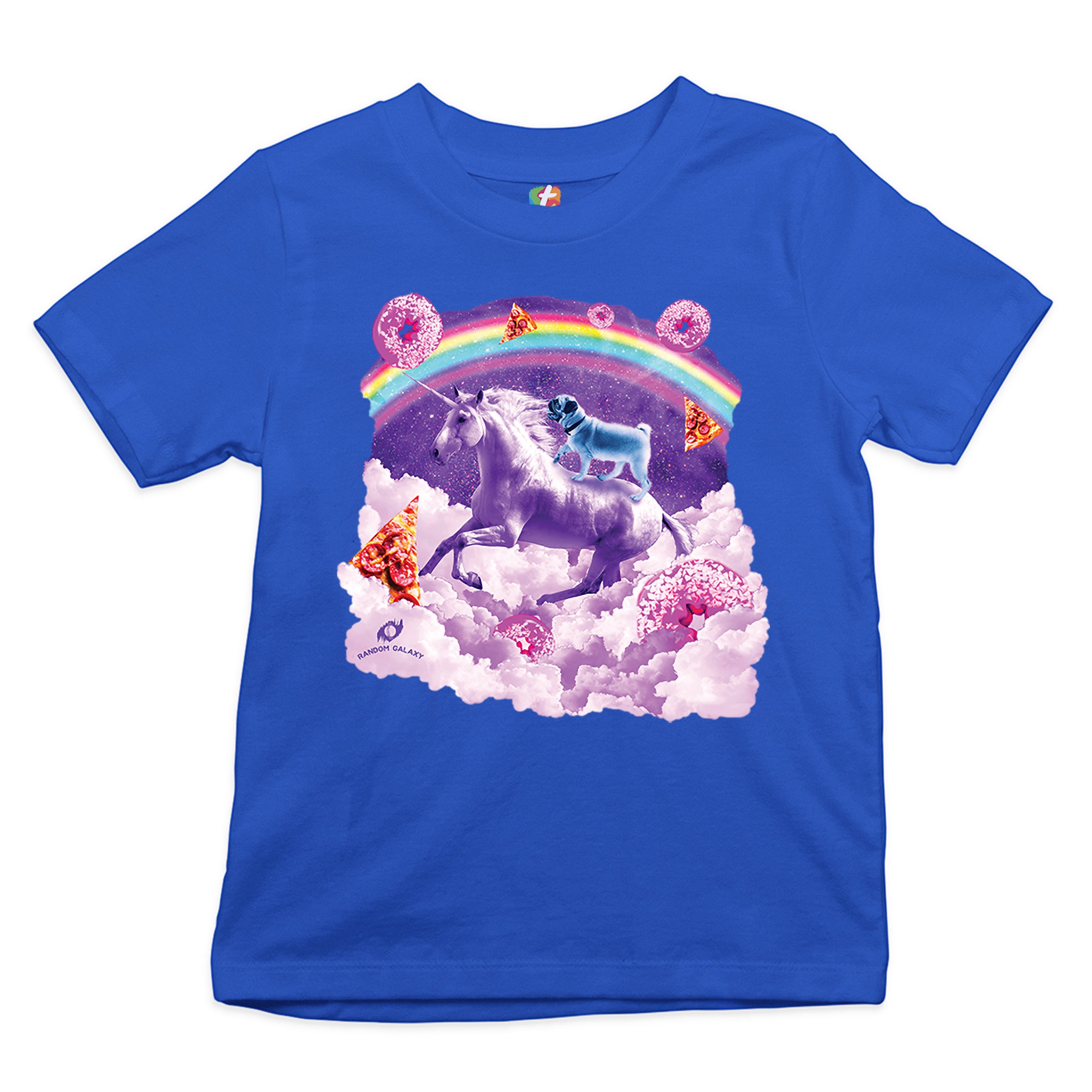 Pug Riding a Unicorn in Clouds Youth T-shirt Space Rainbow Trippy Donuts Kids - Picture 22 of 29