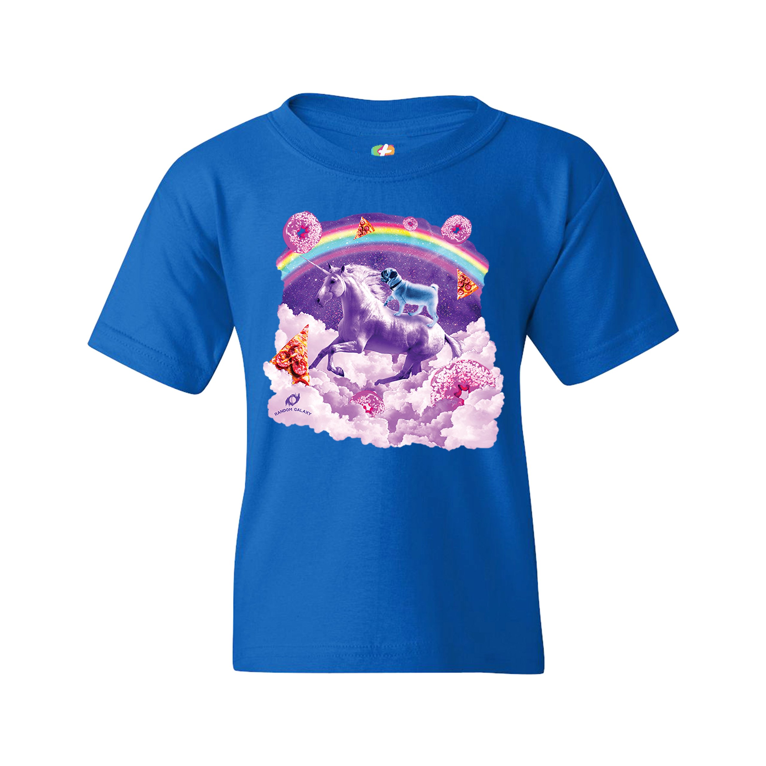 Pug Riding a Unicorn in Clouds Youth T-shirt Space Rainbow Trippy Donuts Kids - Picture 23 of 29