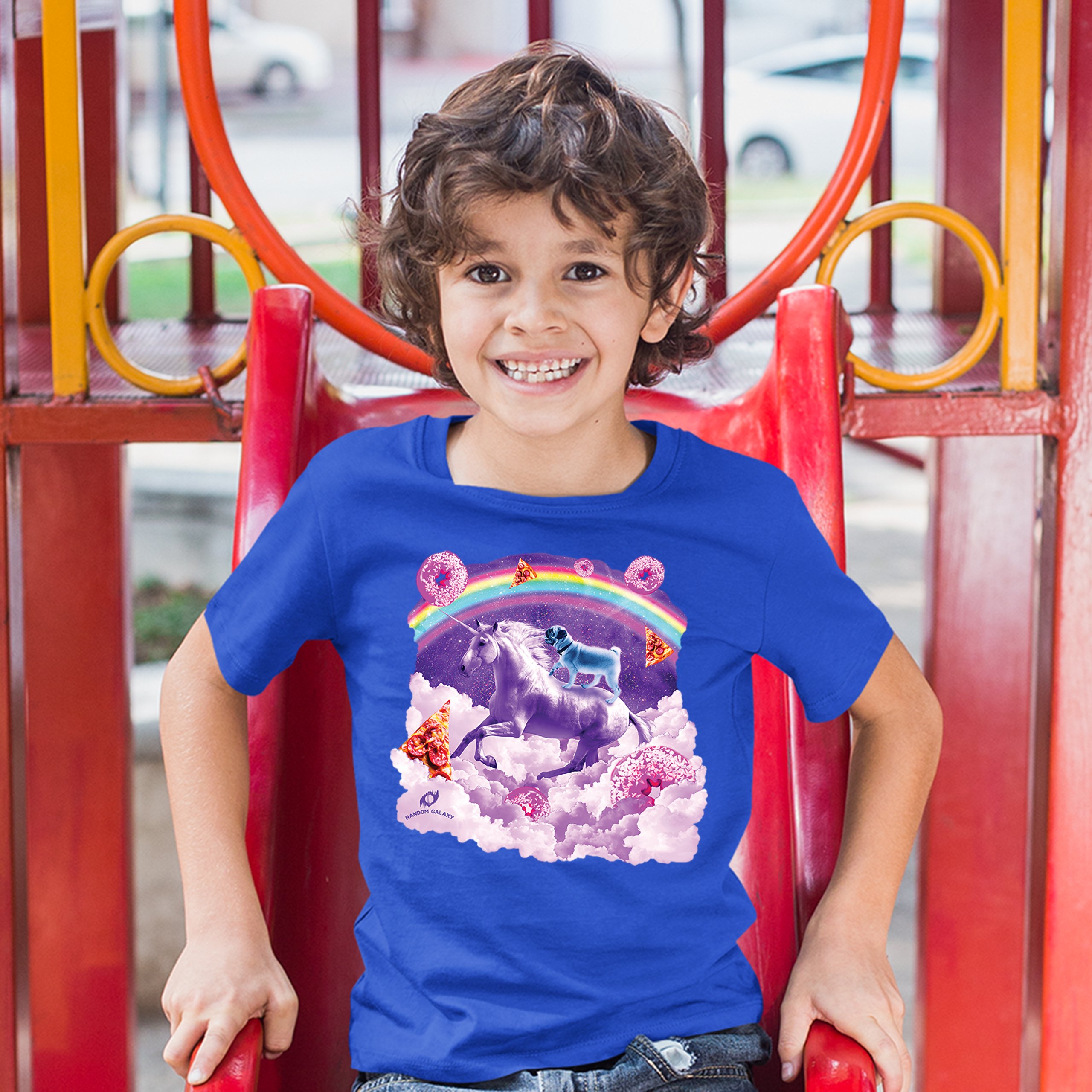 Pug Riding a Unicorn in Clouds Youth T-shirt Space Rainbow Trippy Donuts Kids - Picture 25 of 29