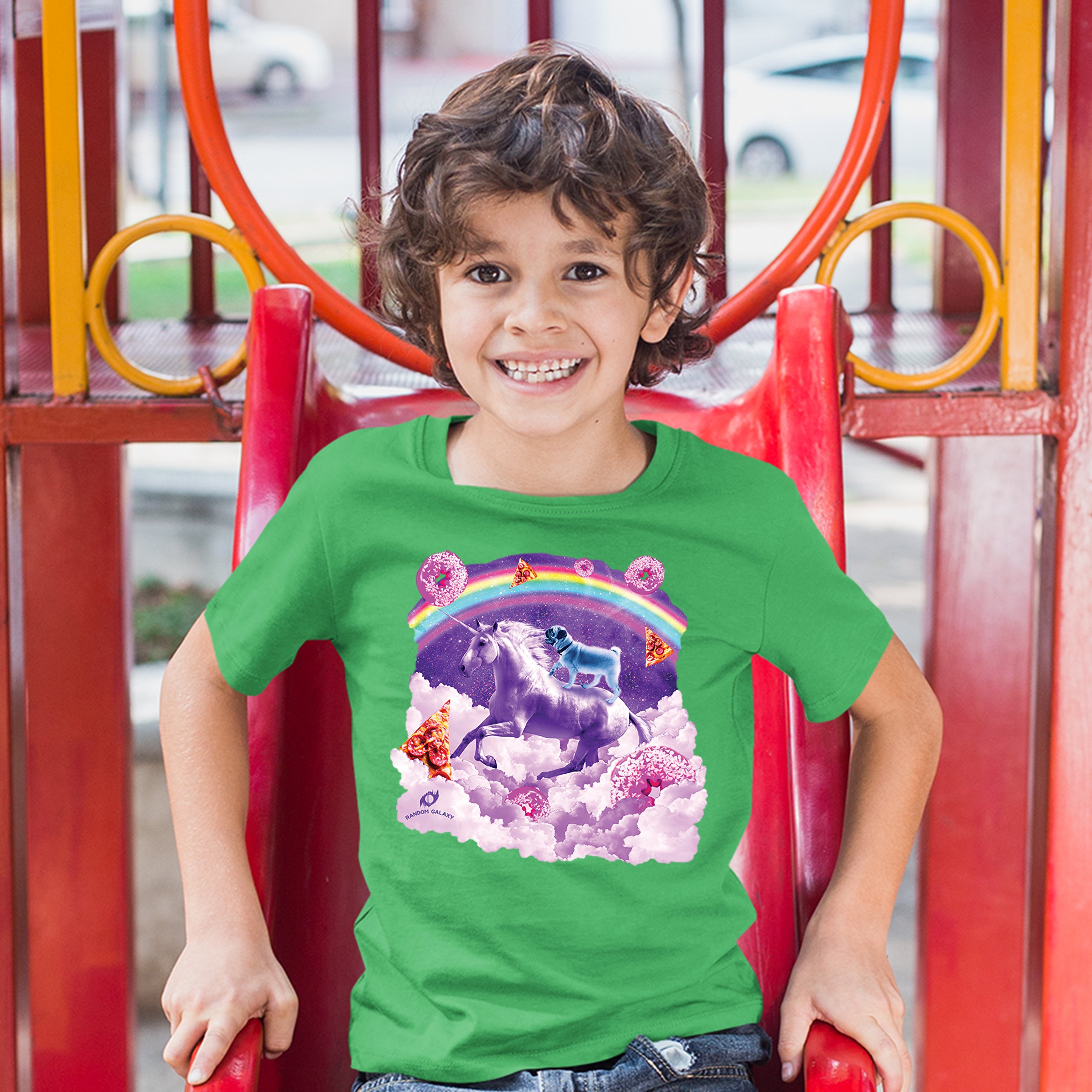 Pug Riding a Unicorn in Clouds Youth T-shirt Space Rainbow Trippy Donuts Kids - Picture 21 of 29
