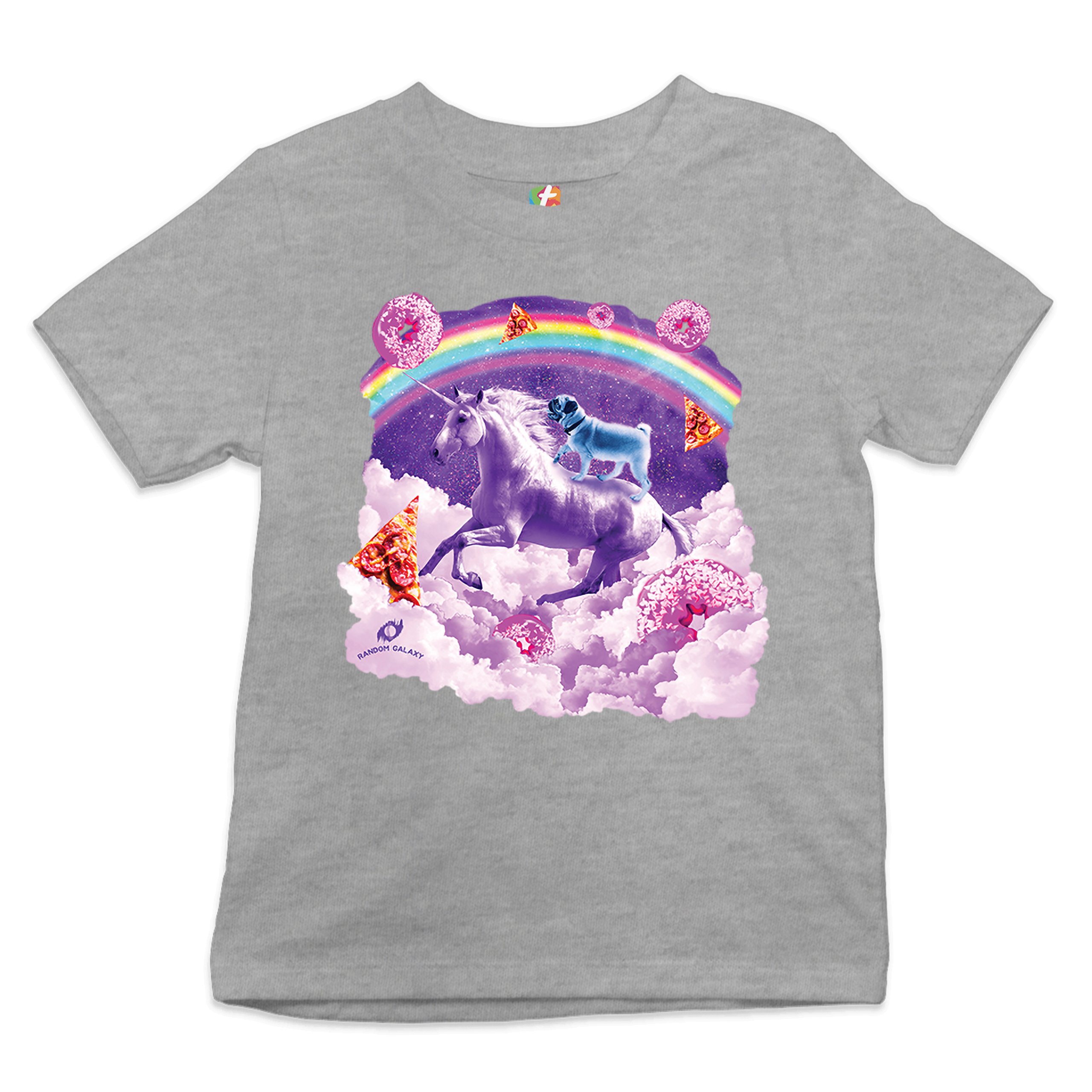Pug Riding a Unicorn in Clouds Youth T-shirt Space Rainbow Trippy Donuts Kids - Picture 10 of 29