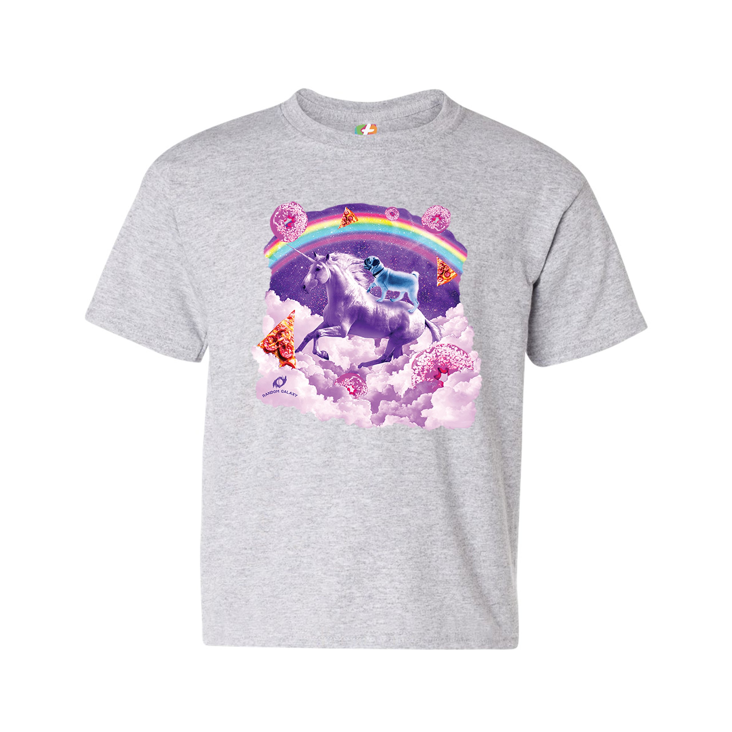 Pug Riding a Unicorn in Clouds Youth T-shirt Space Rainbow Trippy Donuts Kids - Picture 11 of 29