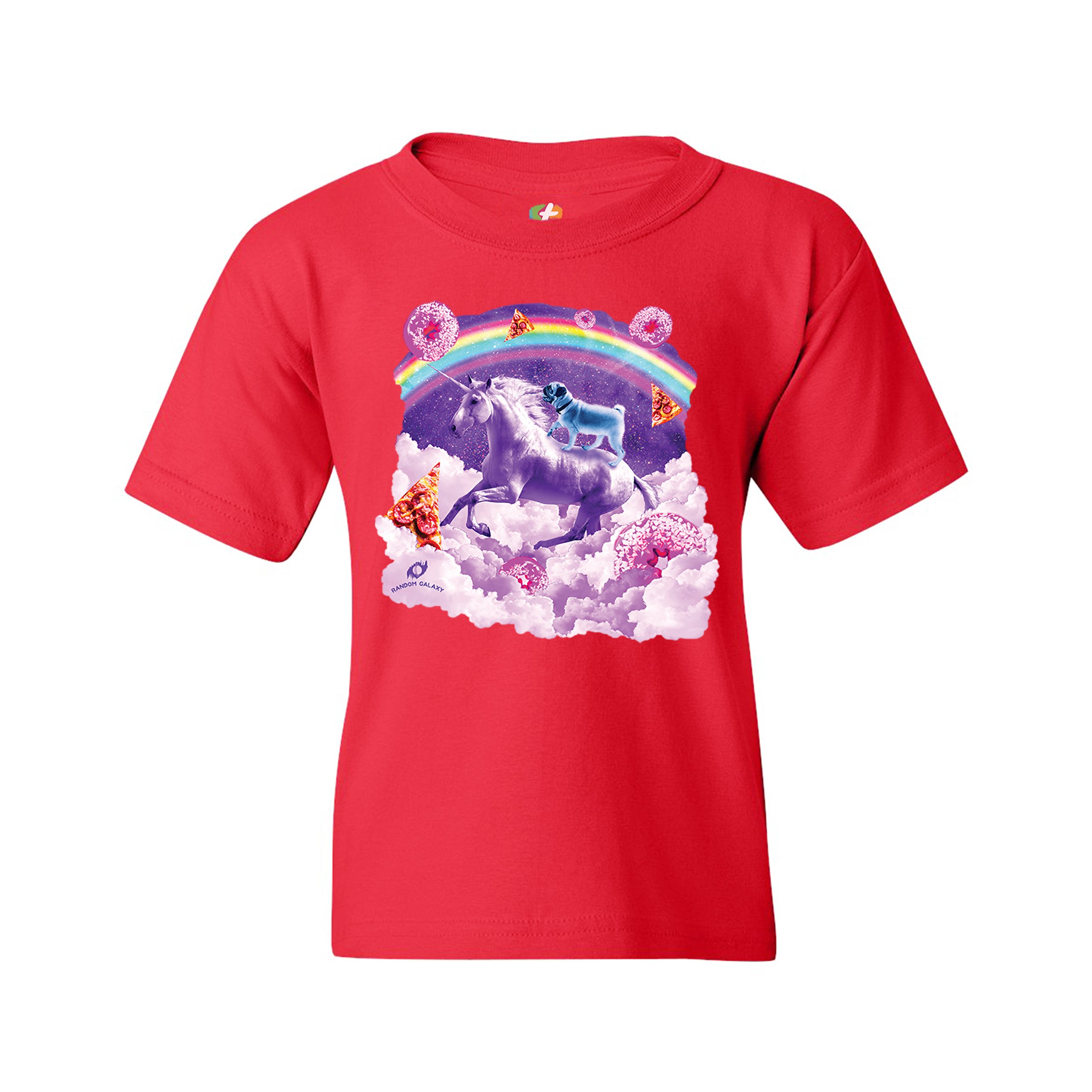Pug Riding a Unicorn in Clouds Youth T-shirt Space Rainbow Trippy Donuts Kids - Picture 15 of 29