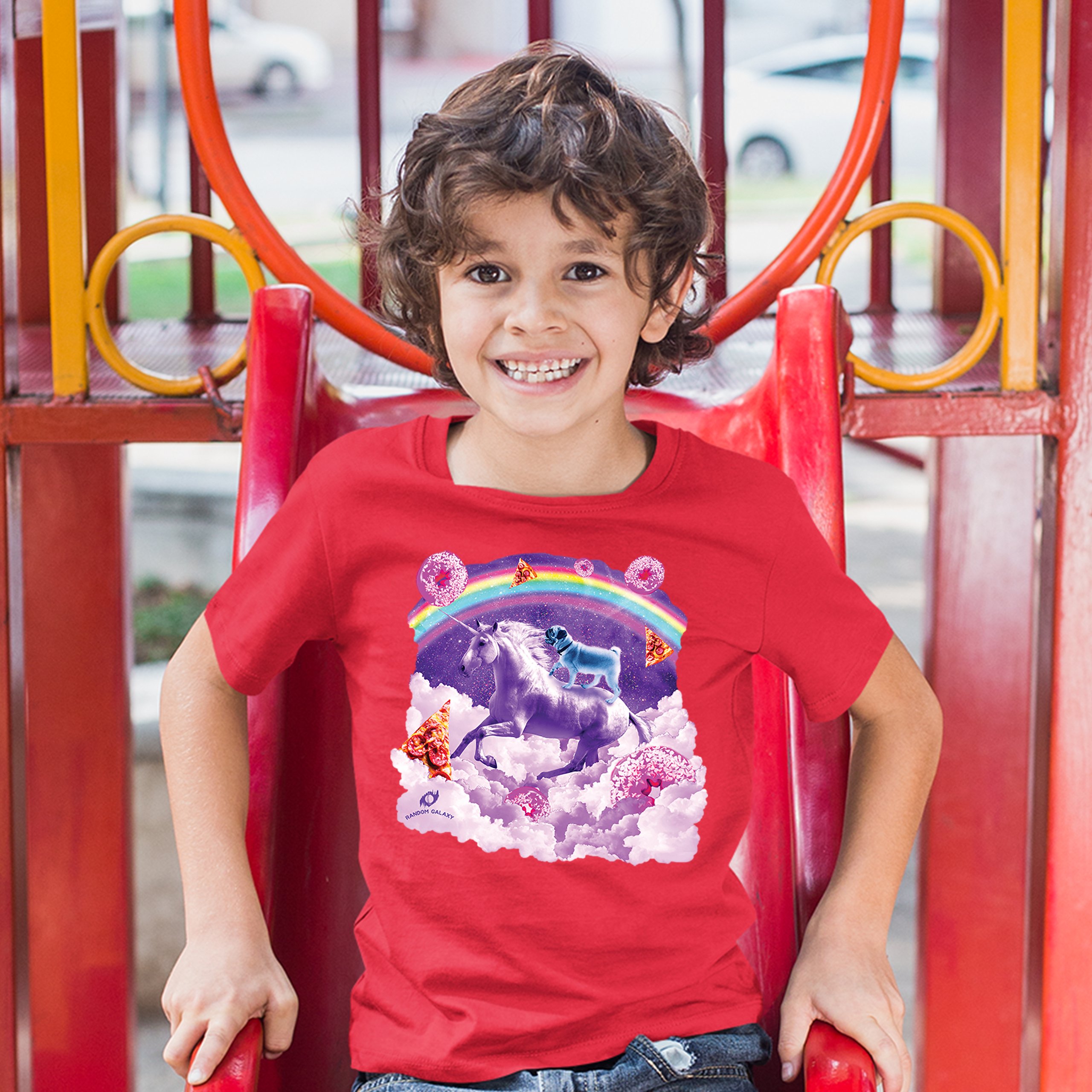 Pug Riding a Unicorn in Clouds Youth T-shirt Space Rainbow Trippy Donuts Kids - Picture 17 of 29