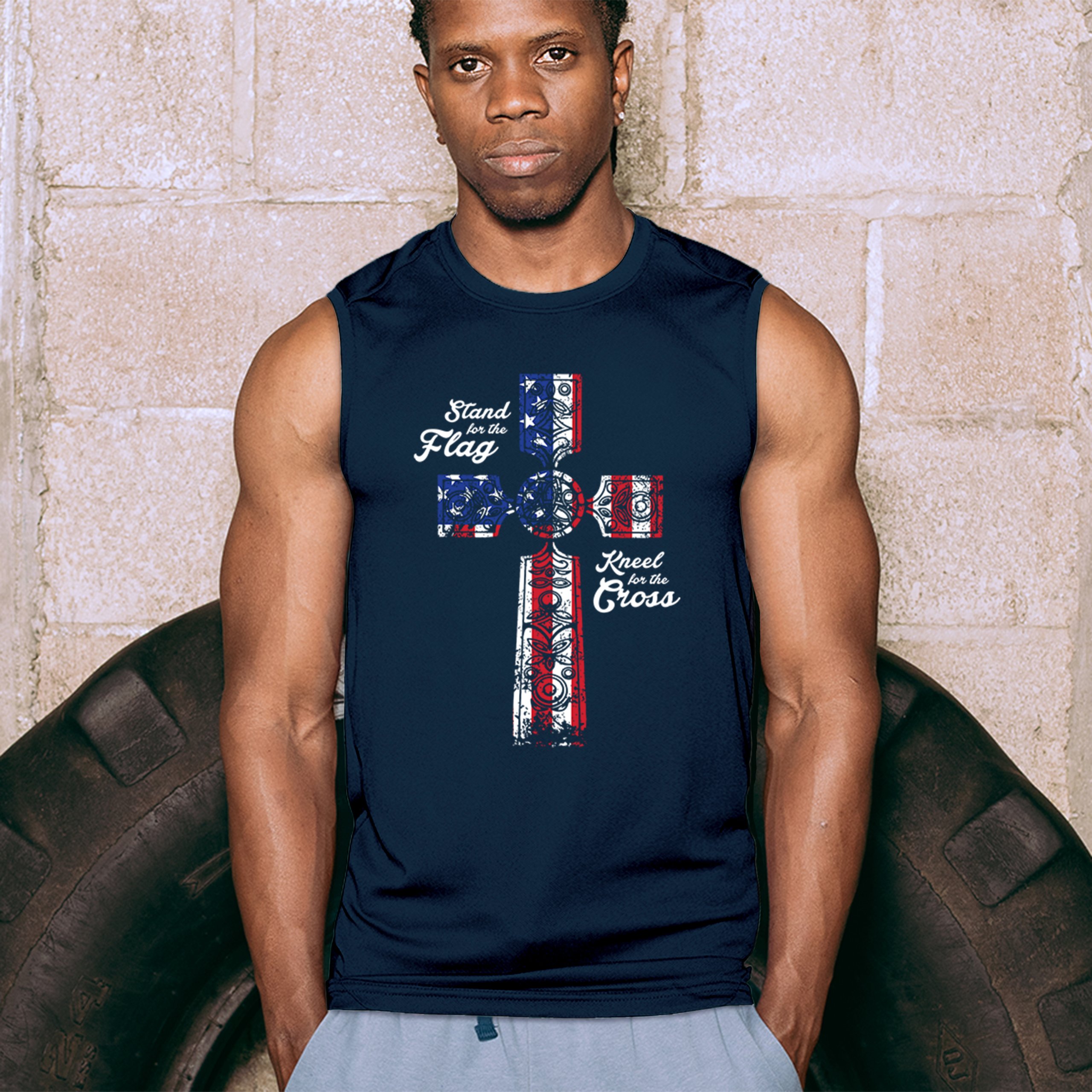 Stand for the Flag Kneel for the Cross Muscle Shirt Patriotic Military Men's - Picture 26 of 36