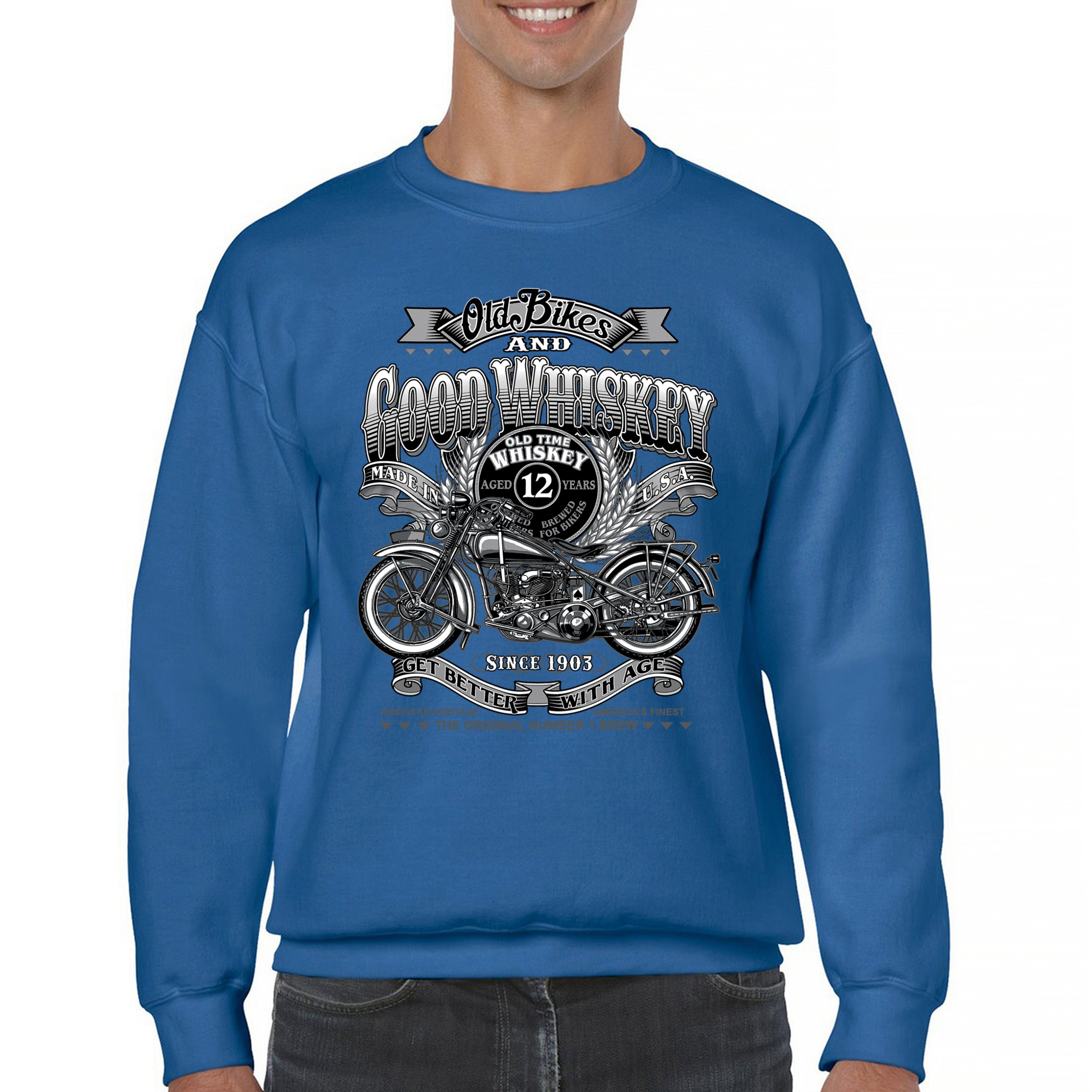 Old Bikes Good Whiskey Sweatshirt Vintage 1903 Biker American Heritage Crewneck - Picture 44 of 50