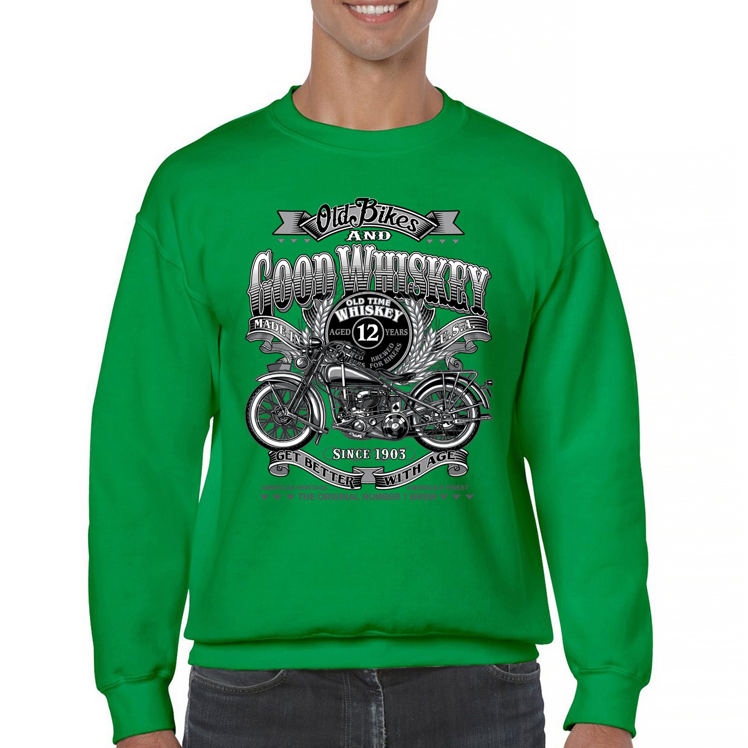 Old Bikes Good Whiskey Sweatshirt Vintage 1903 Biker American Heritage Crewneck - Picture 37 of 50