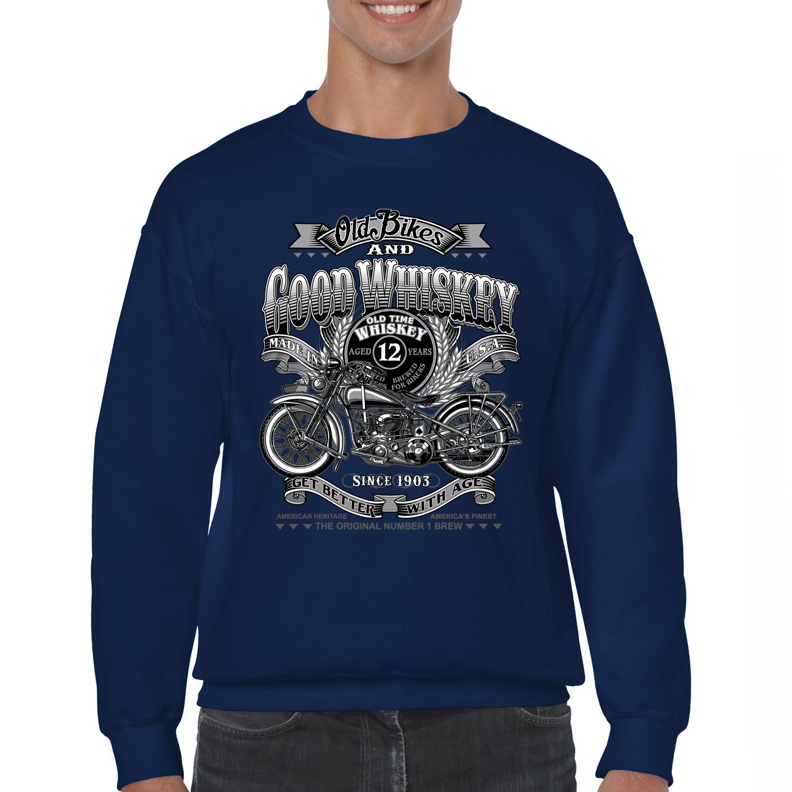 Old Bikes Good Whiskey Sweatshirt Vintage 1903 Biker American Heritage Crewneck - Picture 30 of 50