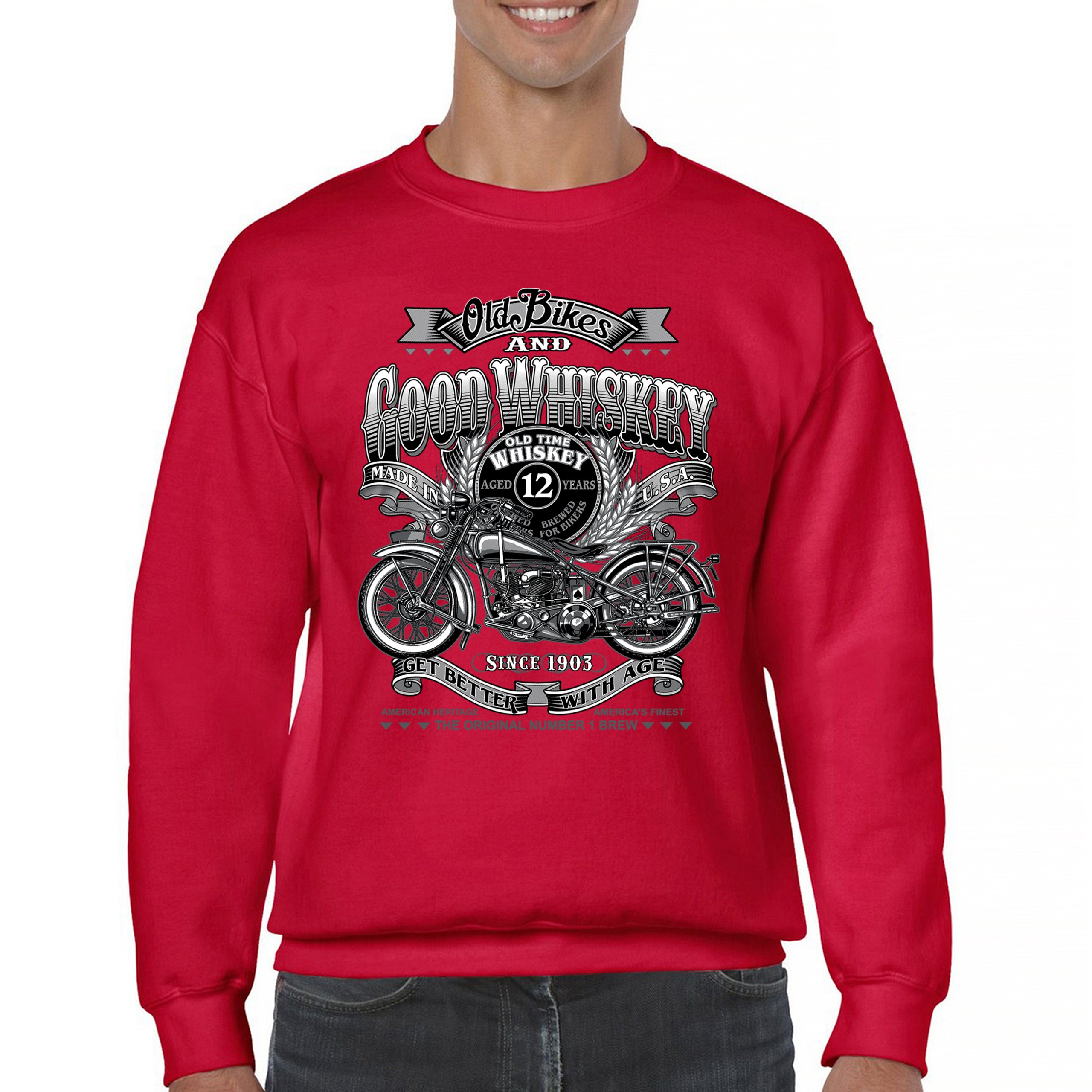 Old Bikes Good Whiskey Sweatshirt Vintage 1903 Biker American Heritage Crewneck - Picture 16 of 50