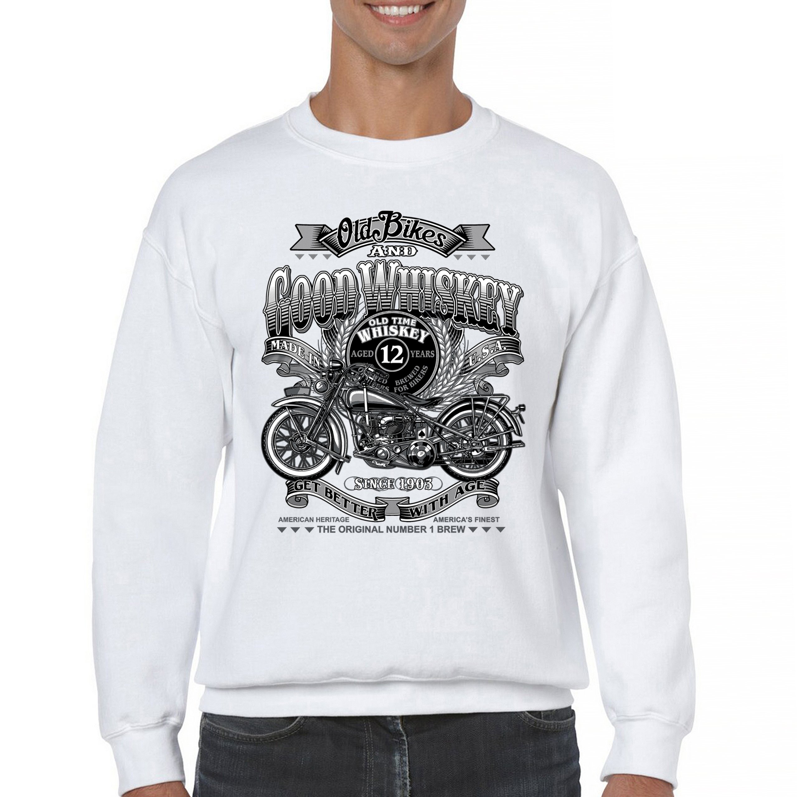 Old Bikes Good Whiskey Sweatshirt Vintage 1903 Biker American Heritage Crewneck - Picture 23 of 50