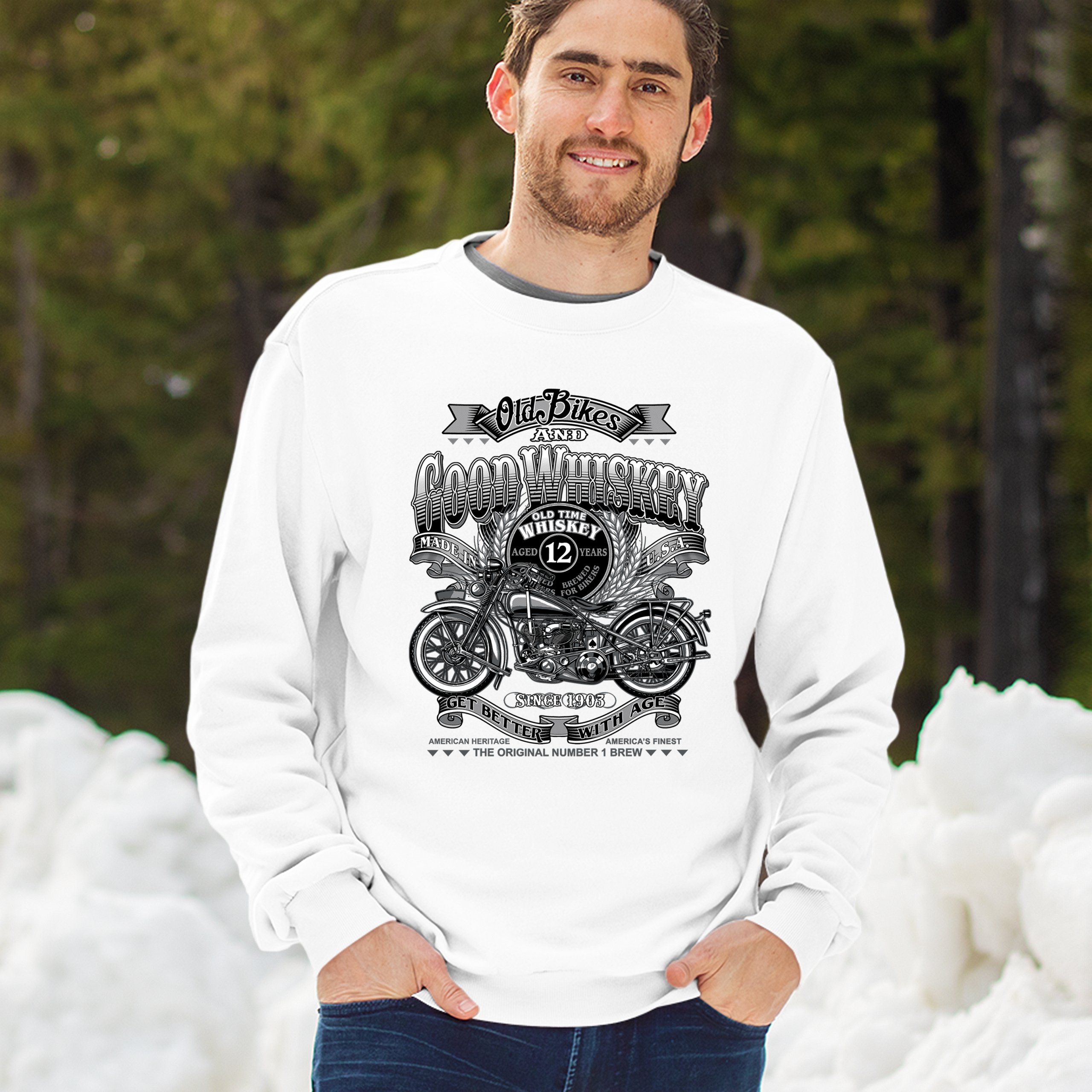 Old Bikes Good Whiskey Sweatshirt Vintage 1903 Biker American Heritage Crewneck - Picture 26 of 50