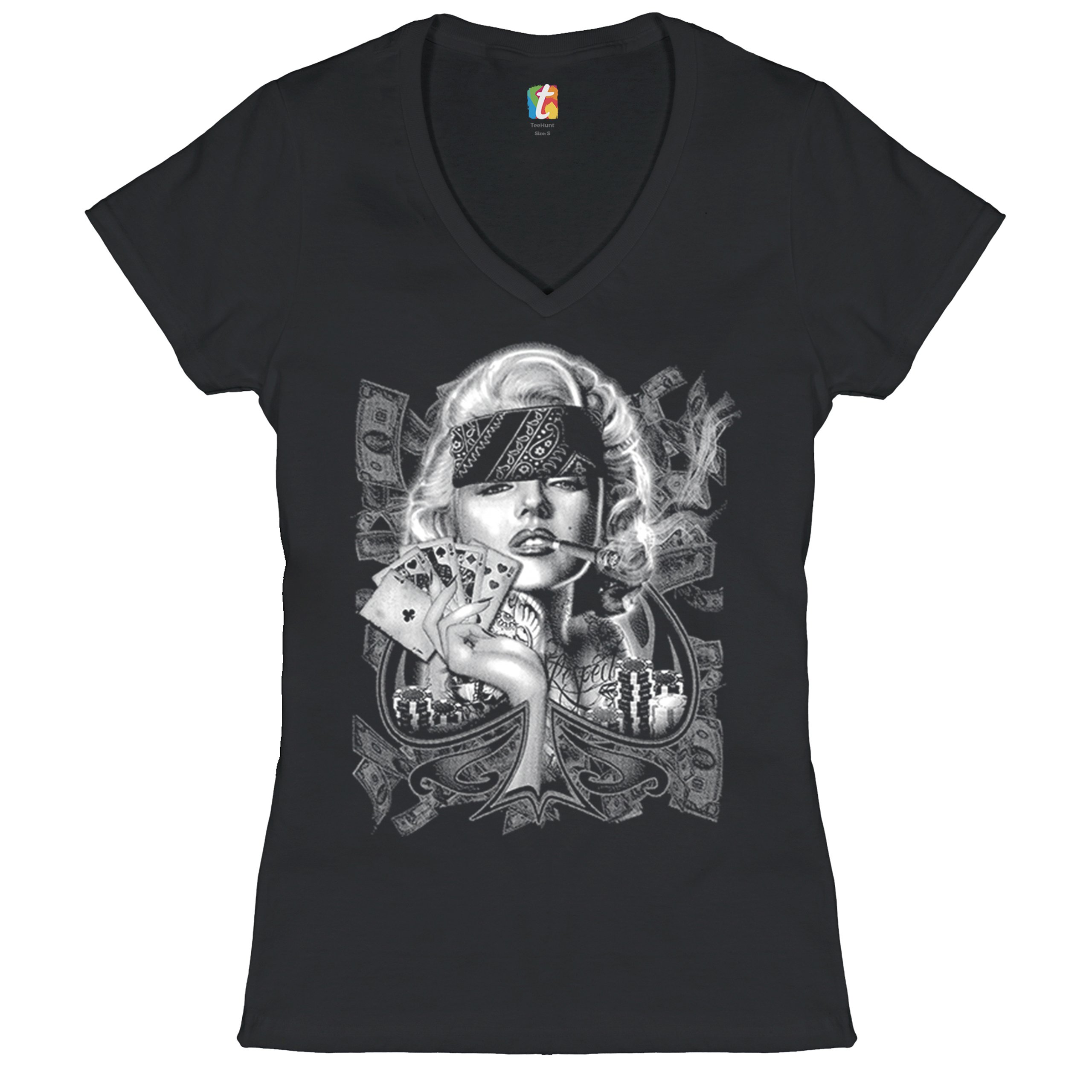 Marilyn Monroe Playing Poker Smoking a Joint Women’s V-Neck T-shirt 420 Tee