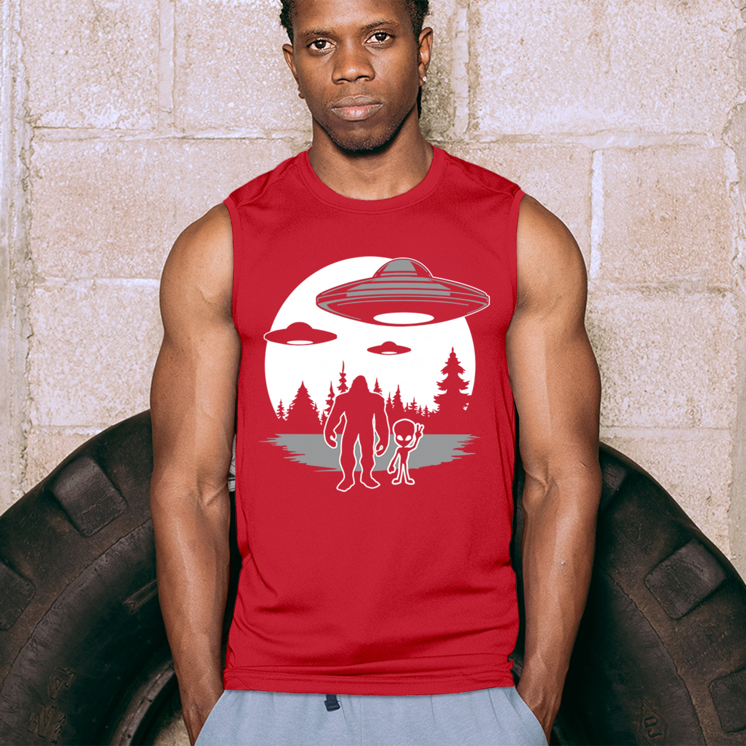 Best Friends Alien Bigfoot Moon Muscle Shirt Space UFO Sasquatch Believe Men's - Picture 12 of 29