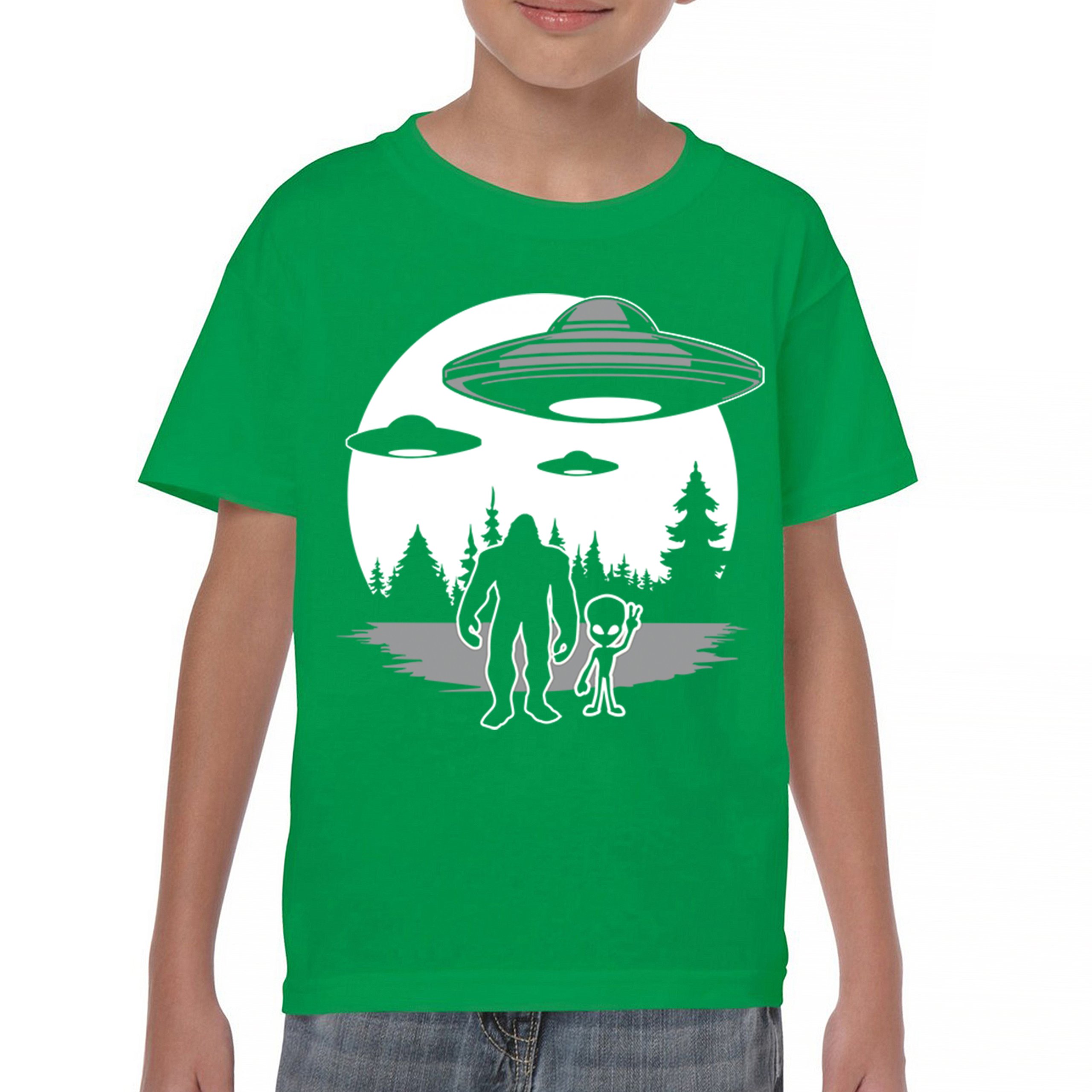 Best Friends Alien Bigfoot Moon Youth T-shirt Space UFO Sasquatch Believe Kids - Picture 16 of 36